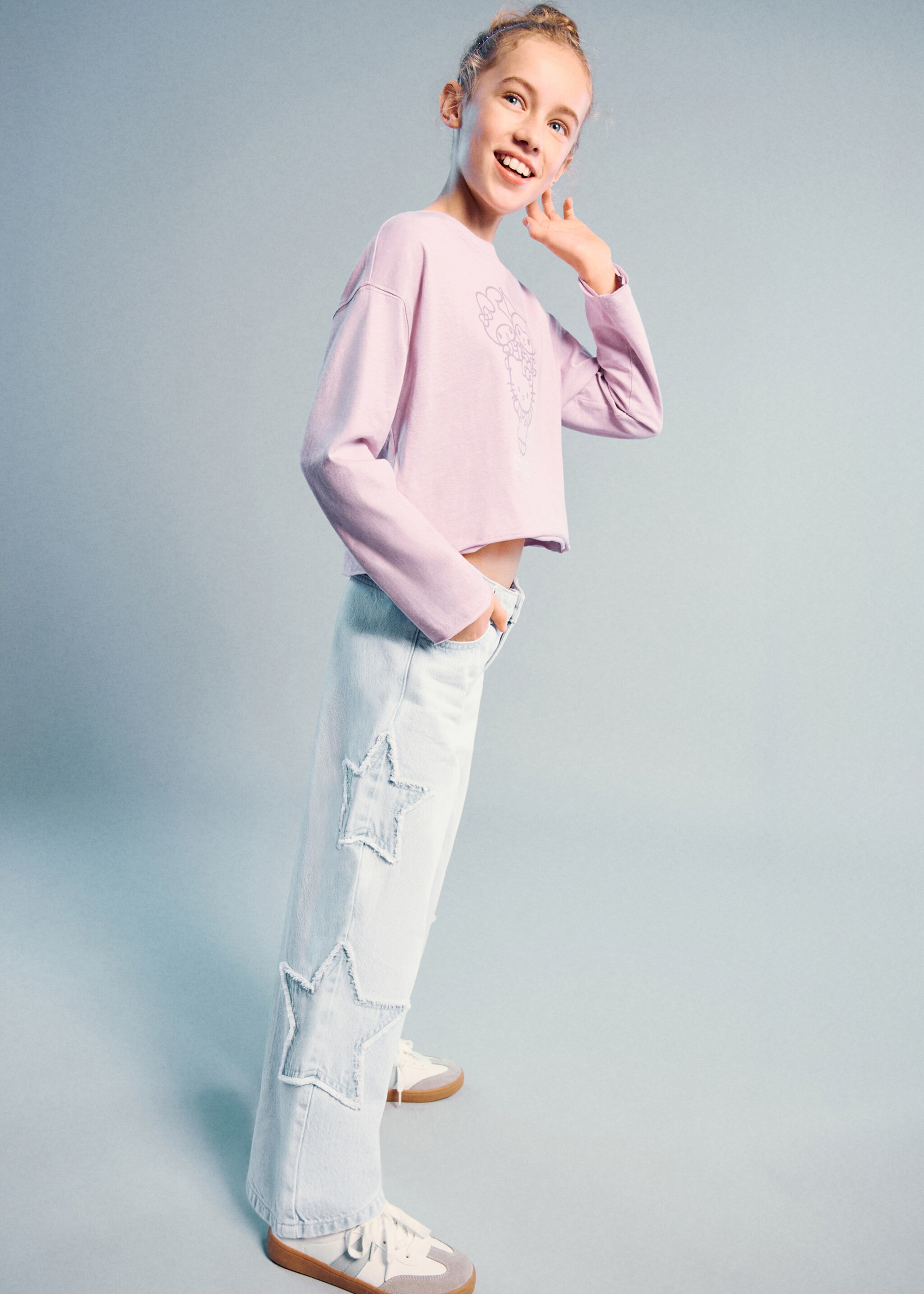 Τζιν culotte με κεντημένα αστέρια - Μεσαίο πλάνο, Μπλε Ανοιχτό. Ref: 27011264-00.