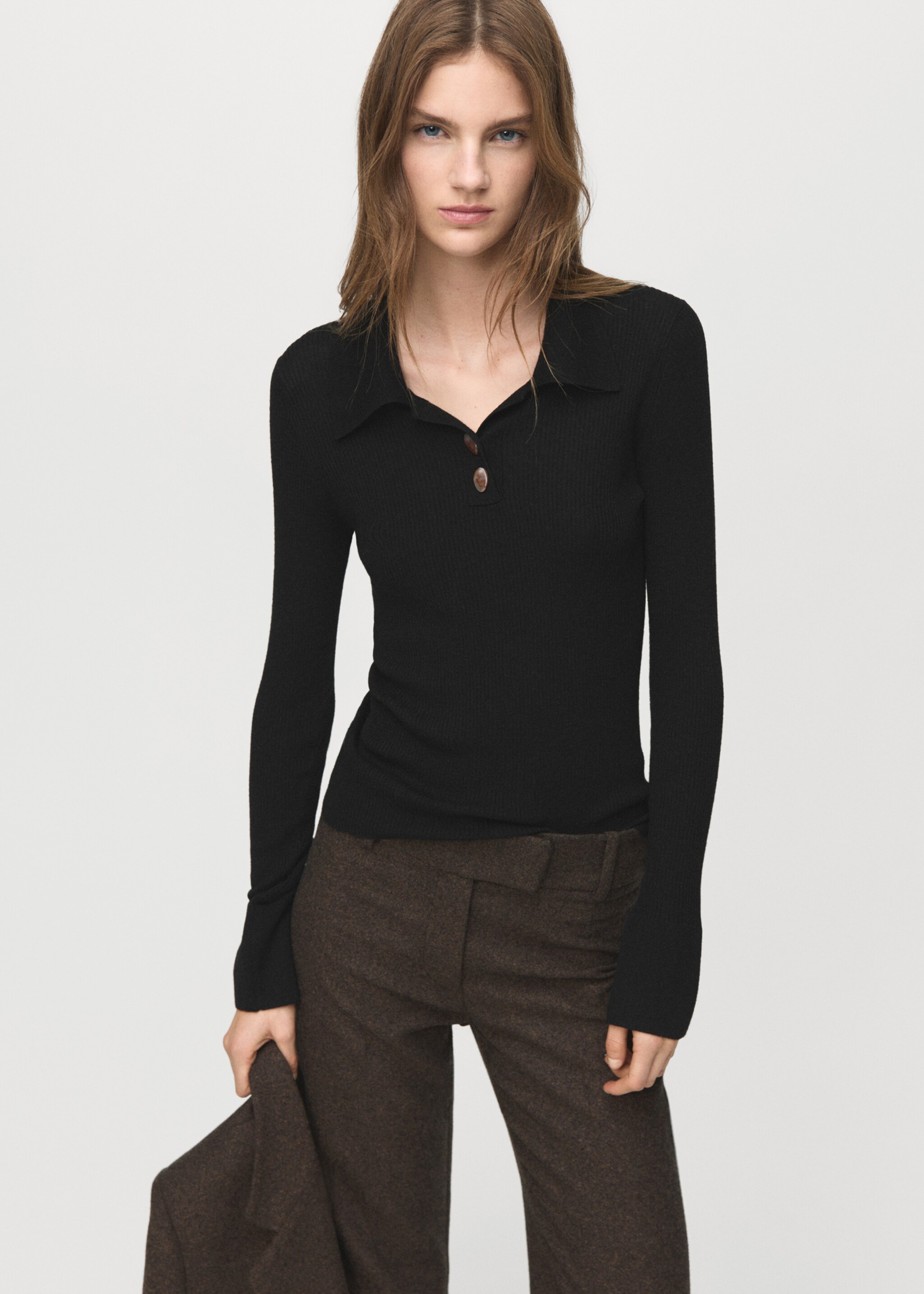 Polo-neck ribbed sweater - Medium plane, Black. Ref: 27011277-00.