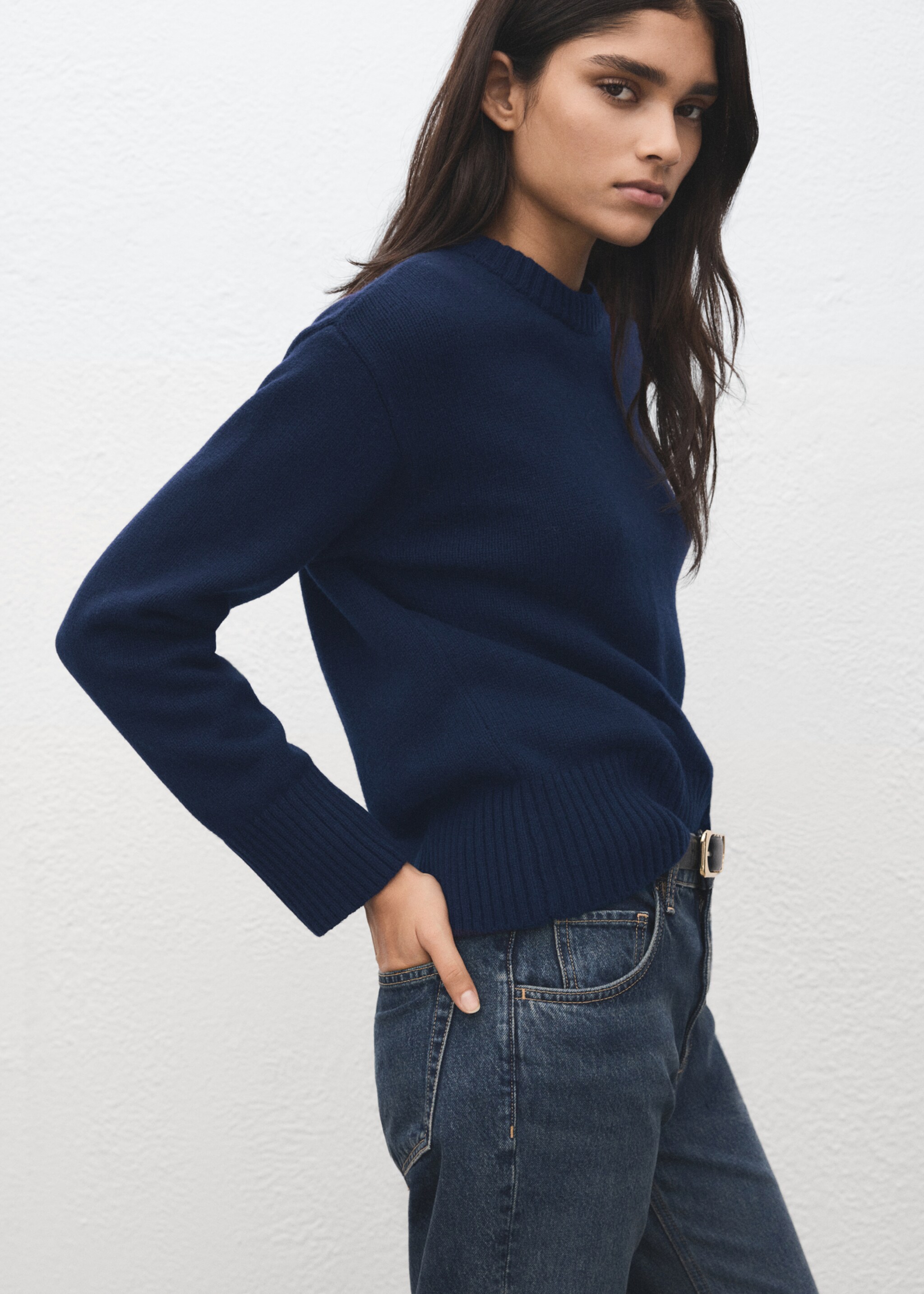 Wool-blend knit sweater - Medium plane, Navy. Ref: 27011286-00.