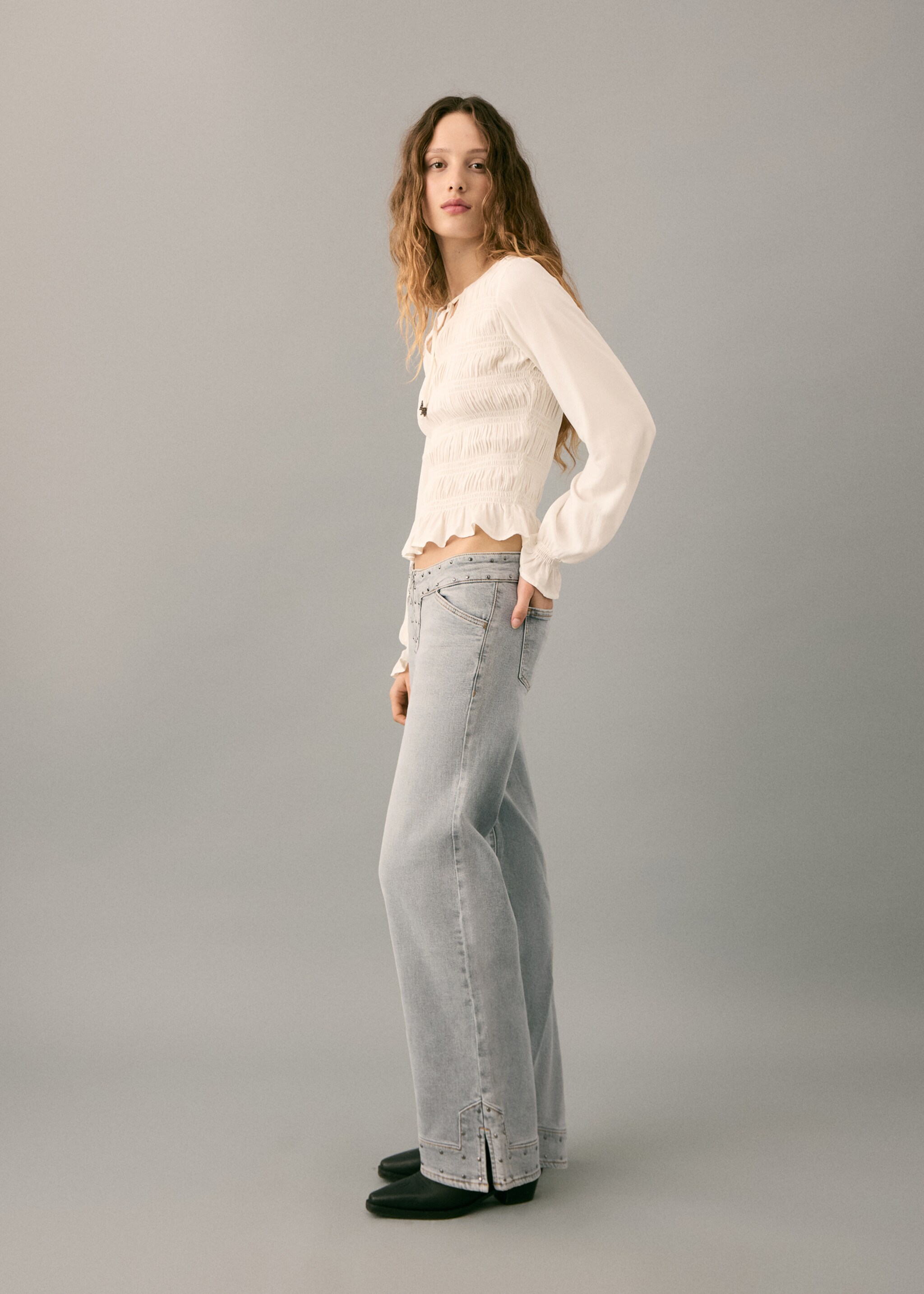 Low-waist studded jeans - Medium plane, Denim Grey. Ref: 27011296-00.