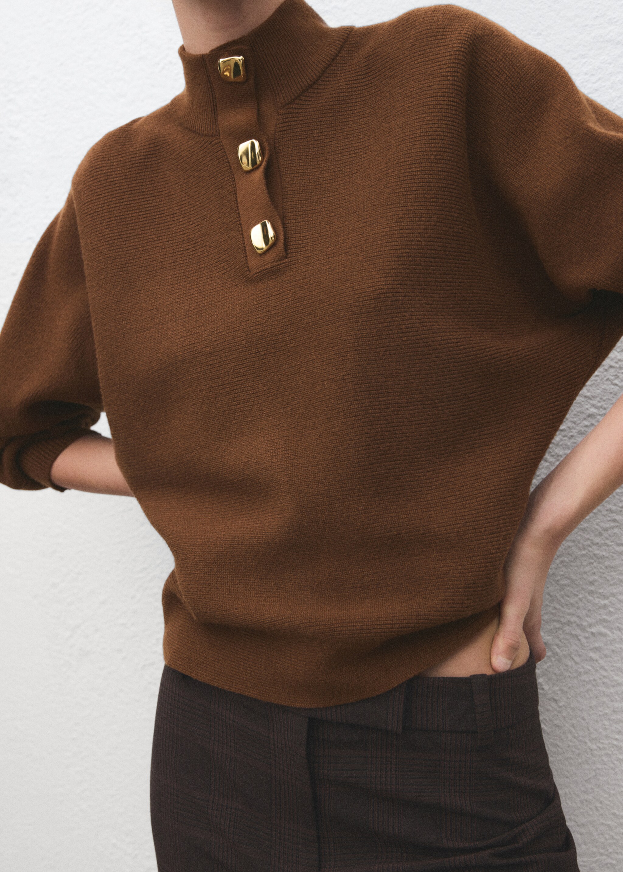 Turtleneck sweater with jewel buttons - Medium plane, Brown. Ref: 27011312-00.