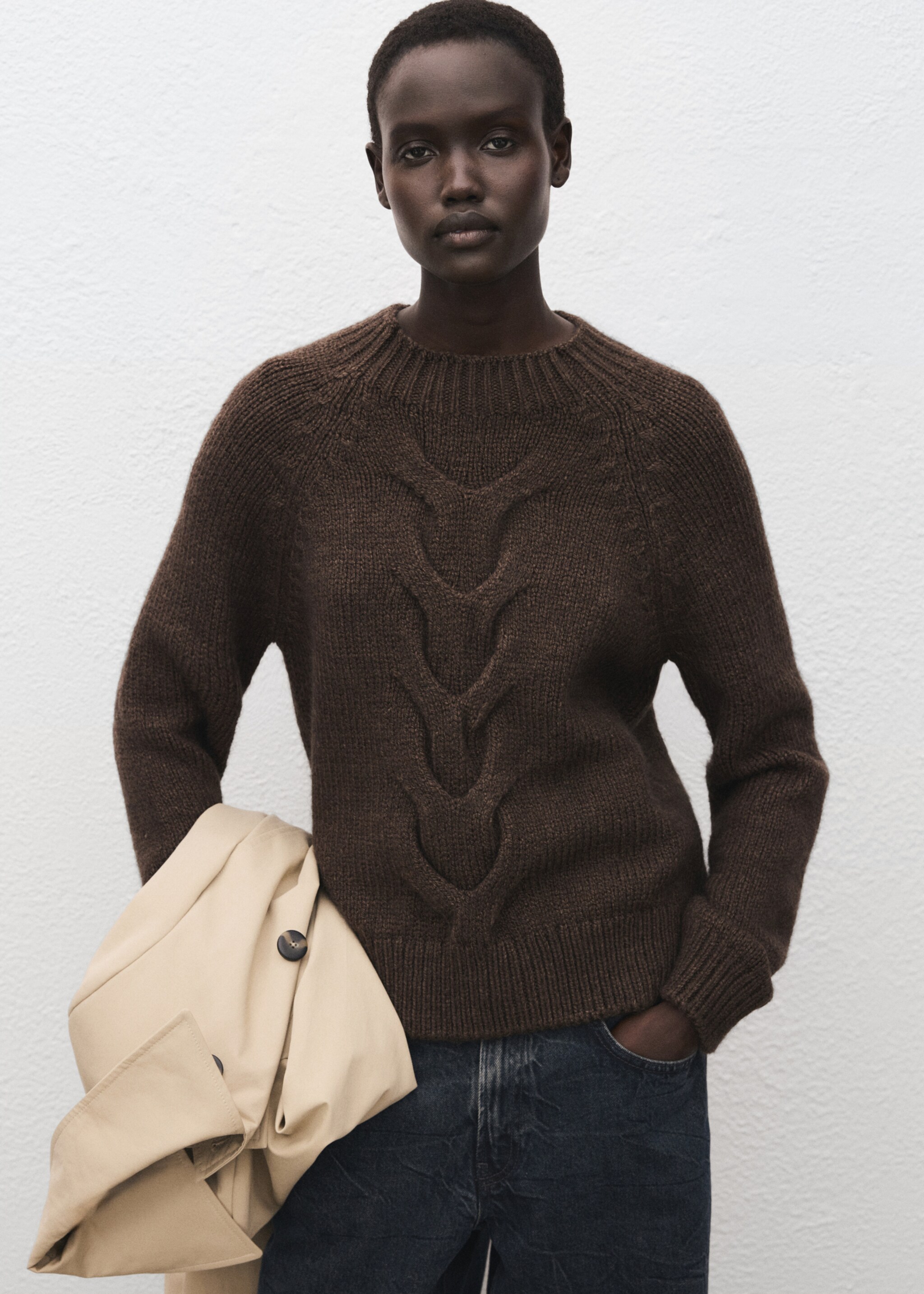 Braided sweater with perkins neck - Medium plane, Brown. Ref: 27011314-00.