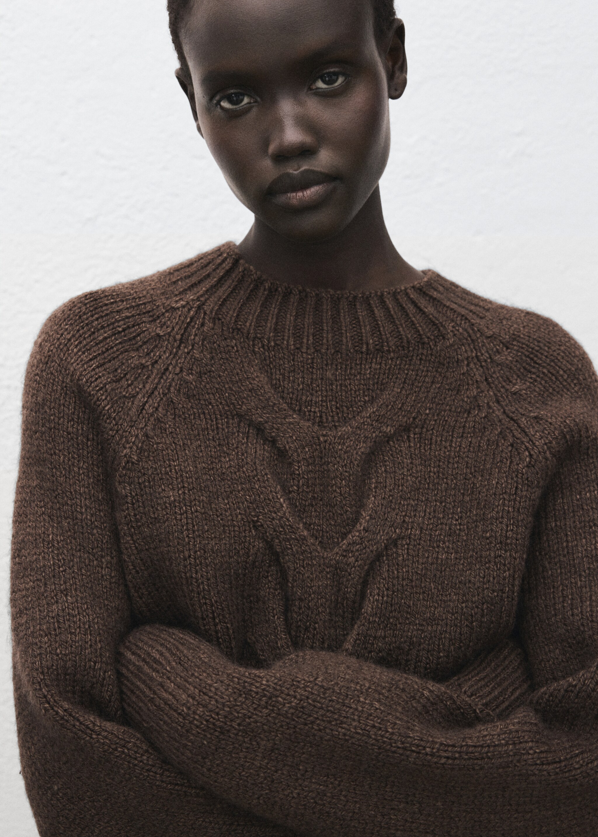 Braided sweater with perkins neck - Details of the article 1, Brown. Ref: 27011314-00.