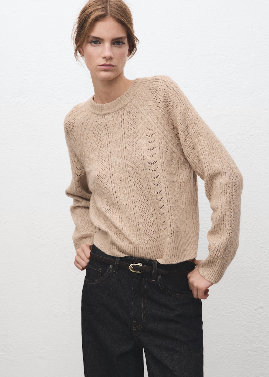 Knit sweater with lace pattern