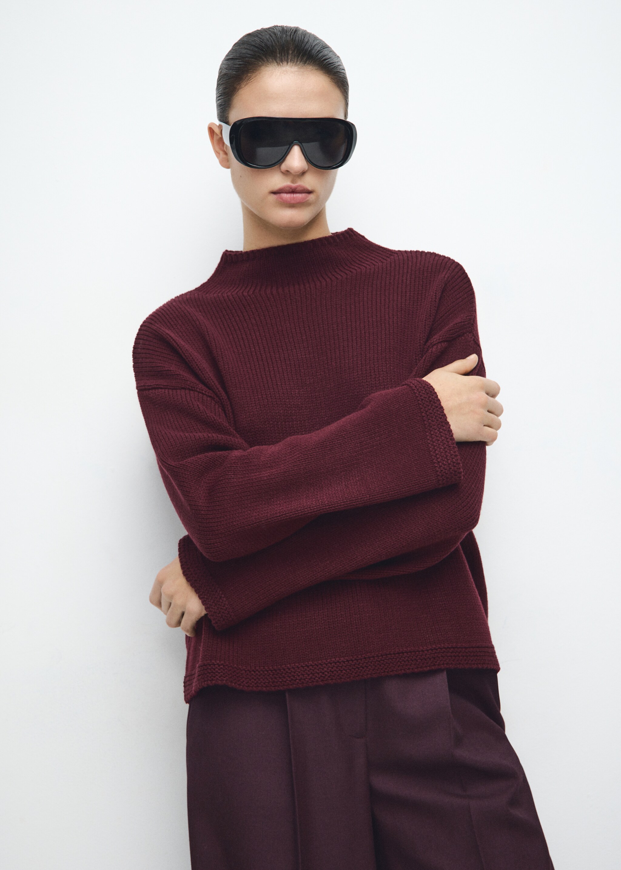 Knitted sweater with perkins neck - Medium plane, Wine. Ref: 27011316-00.
