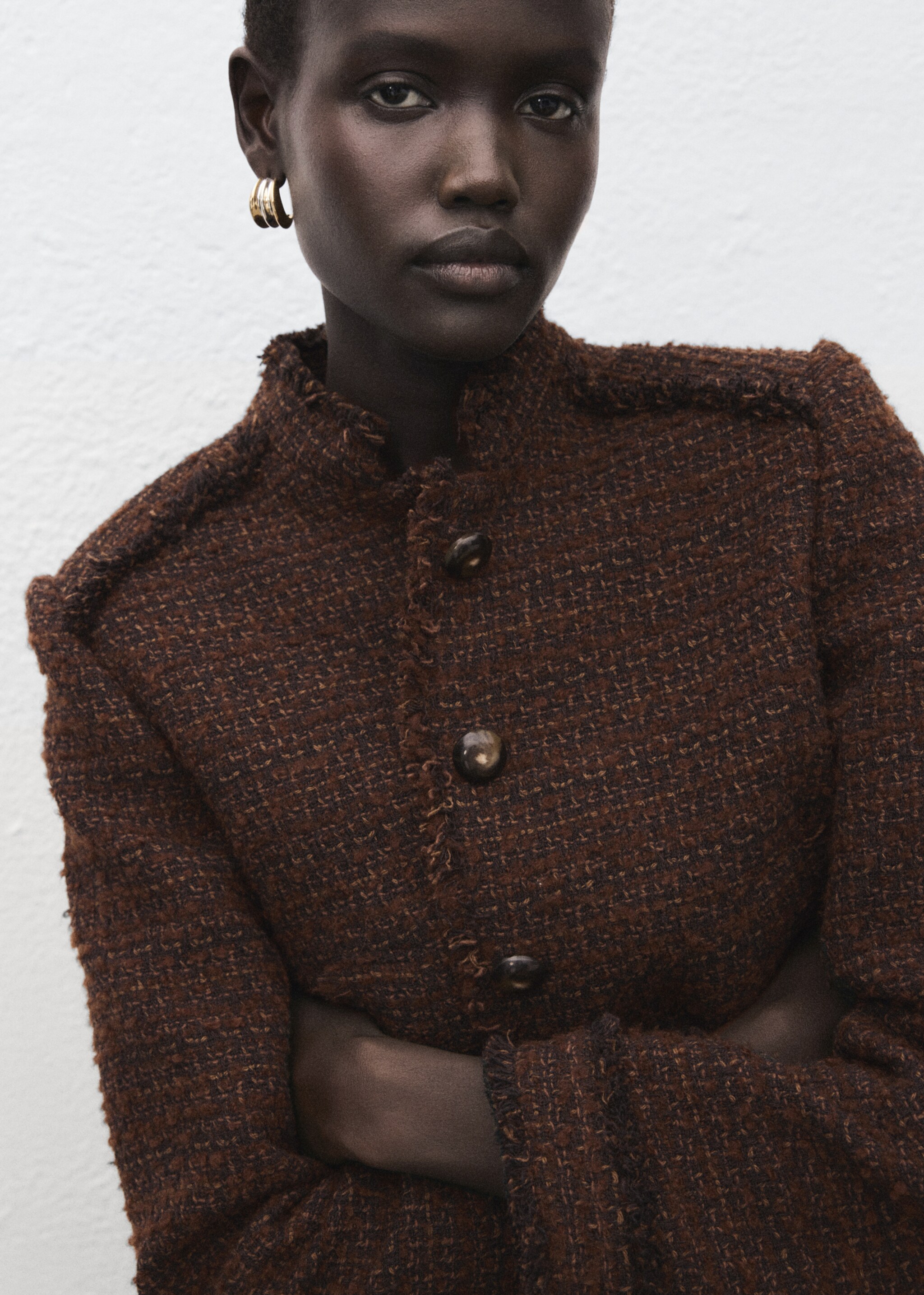 Tweed jacket with frayed ends - Details of the article 1, Brown. Ref: 27011326-00.