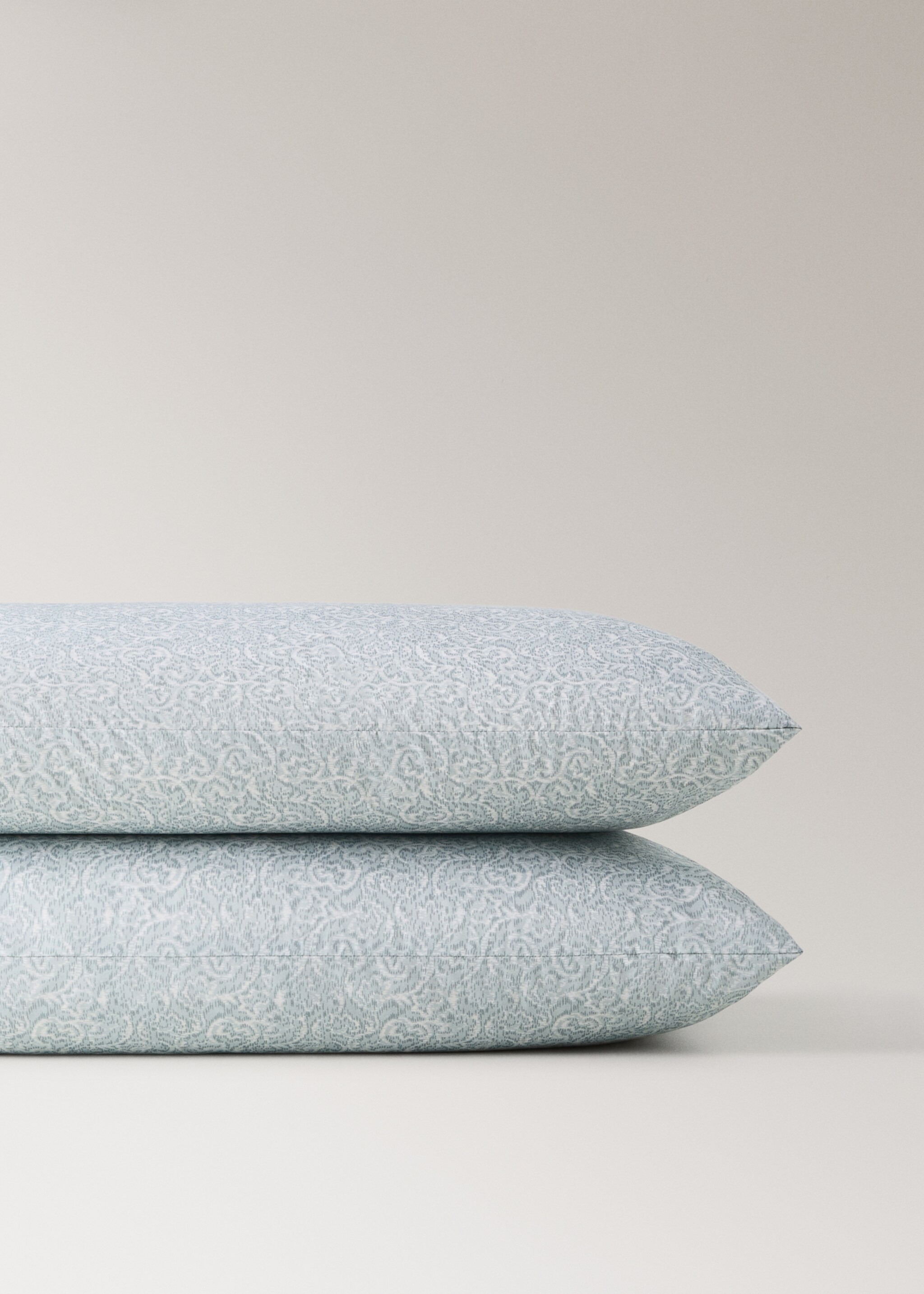 Two decorative floral percale pillowcases with striped trim 50 x 75 cm - Details of the article 3, Pastel Green. Ref: 27012968-00.