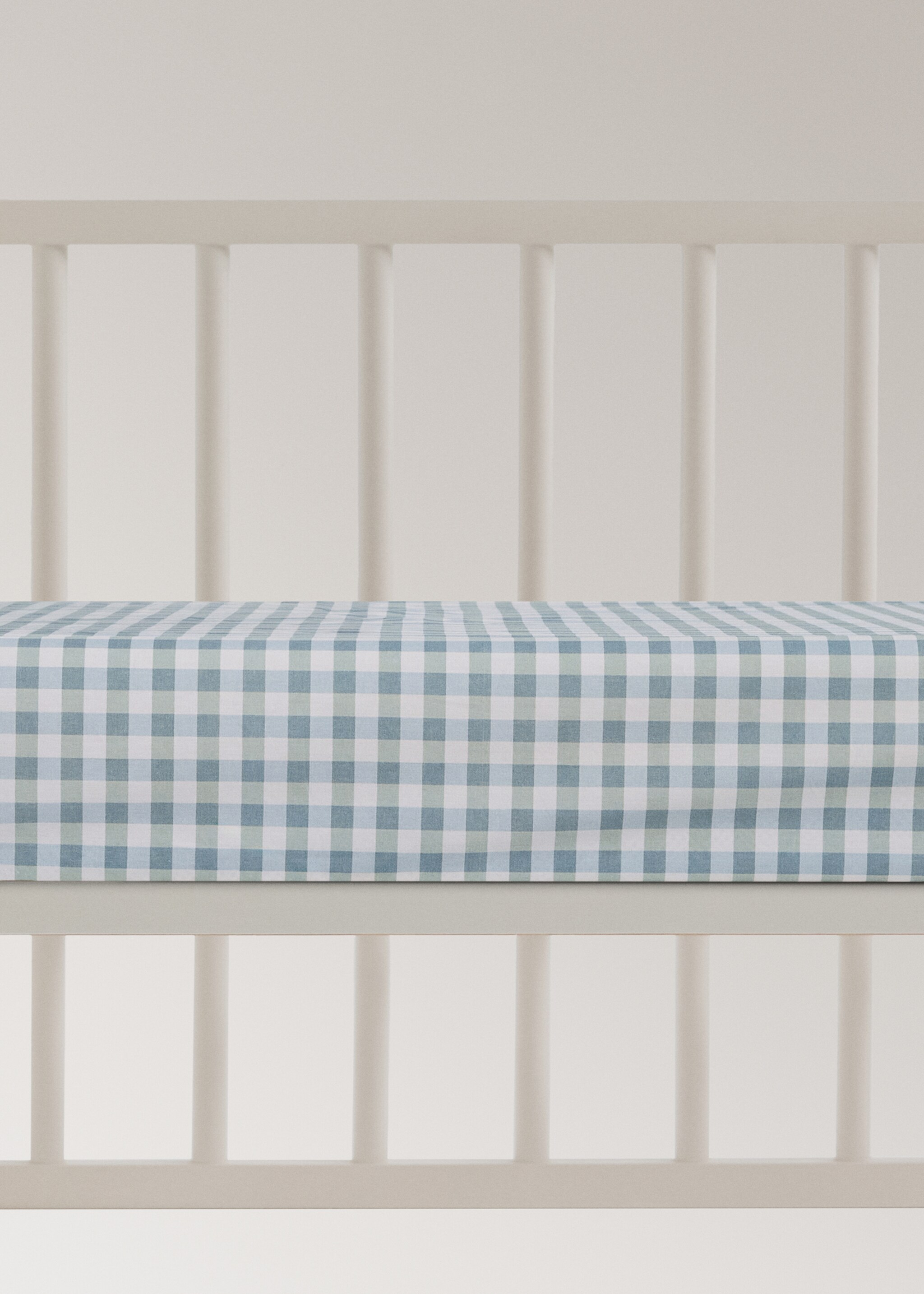 Cot bed fitted sheet in vichy check cotton - Article without model, Mint Green. Ref: 27014066-00.