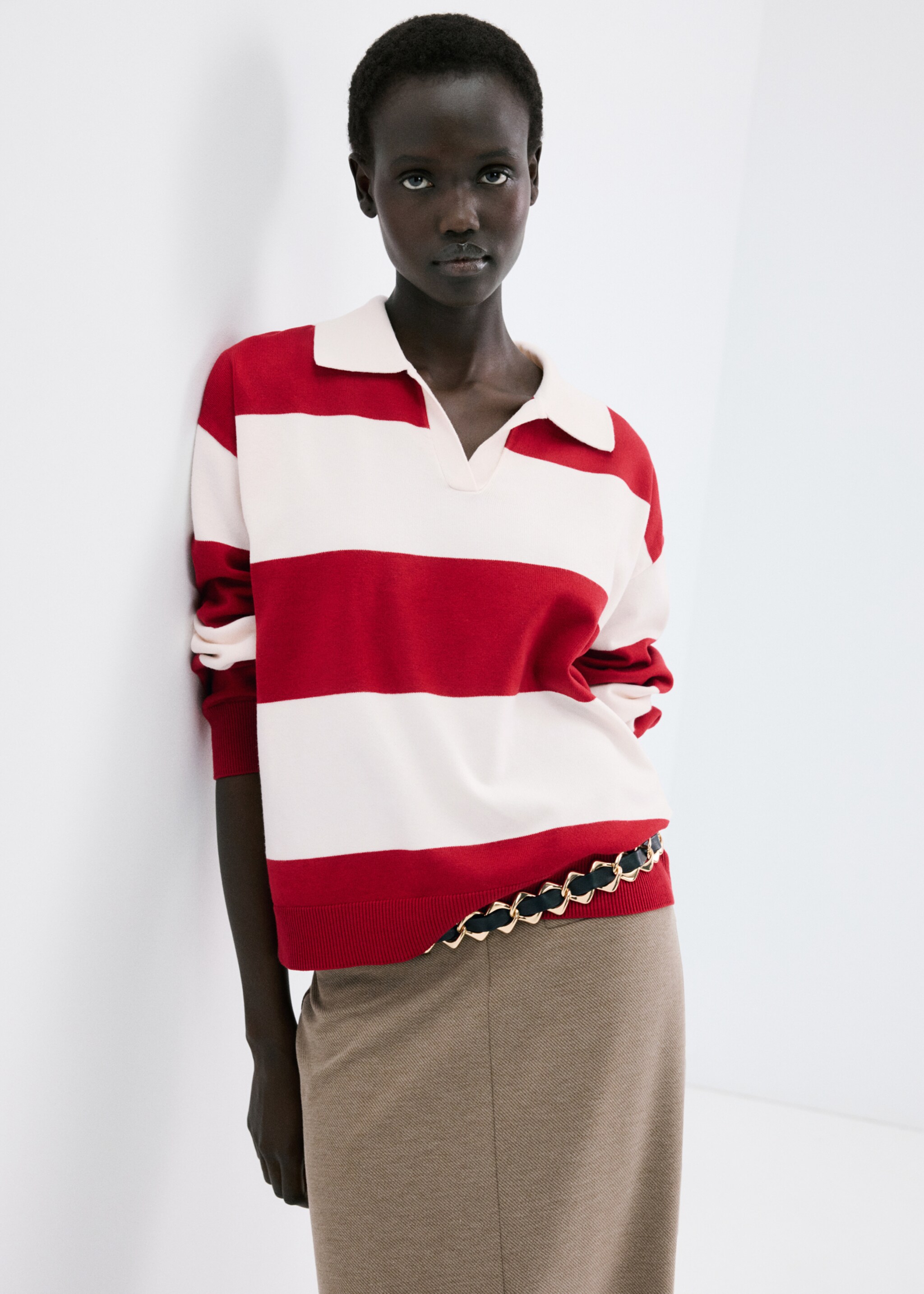 Striped polo-neck sweater - Medium plane, Red. Ref: 27014086-00.