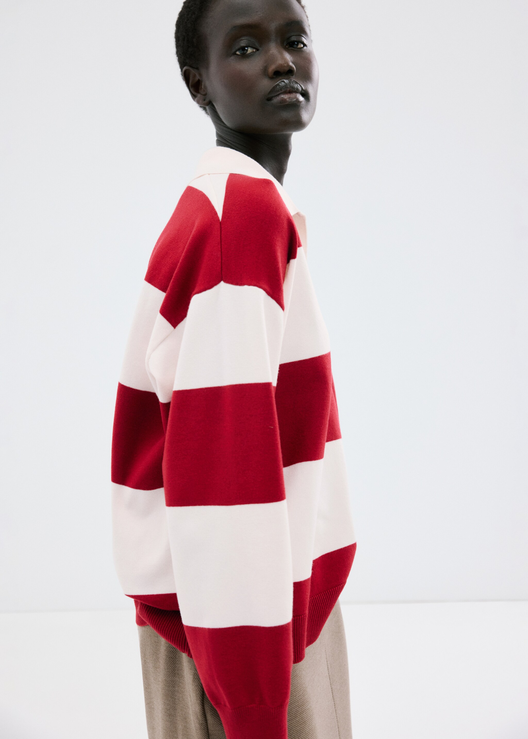 Striped polo-neck sweater - Details of the article 2, Red. Ref: 27014086-00.