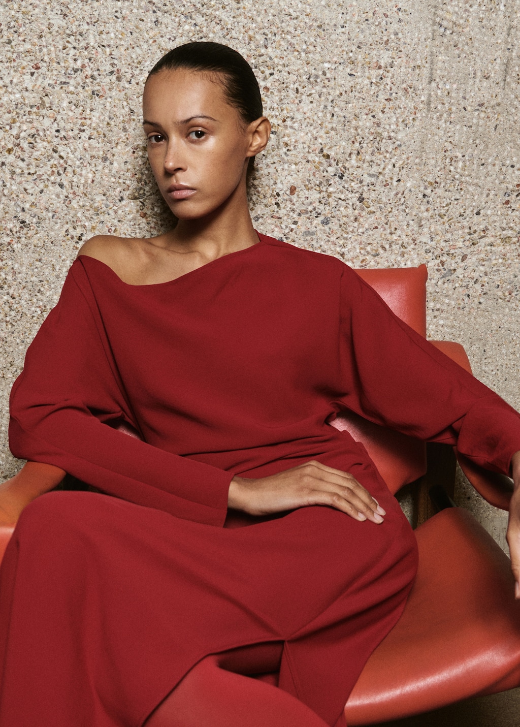 Mango Boat-neck ruched dress