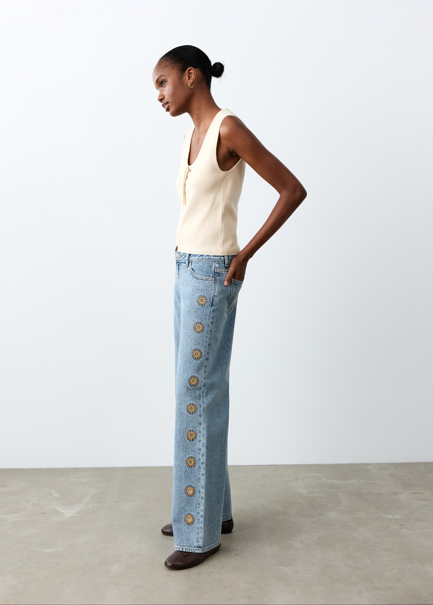 Embroidered straight-leg jeans - Medium plane