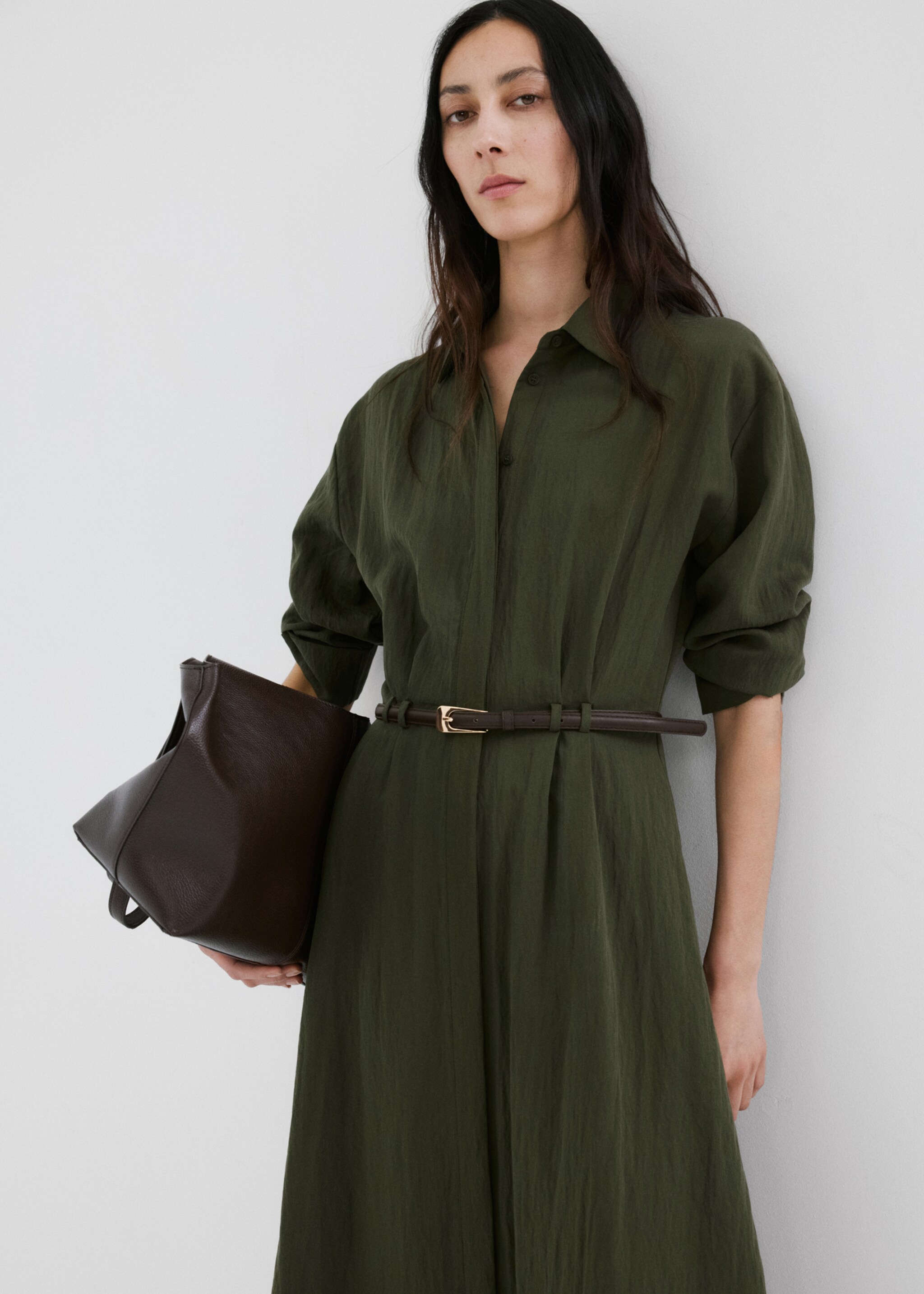 Lyocell shirt dress - Details of the article 1, Khaki. Ref: 27015829-00.