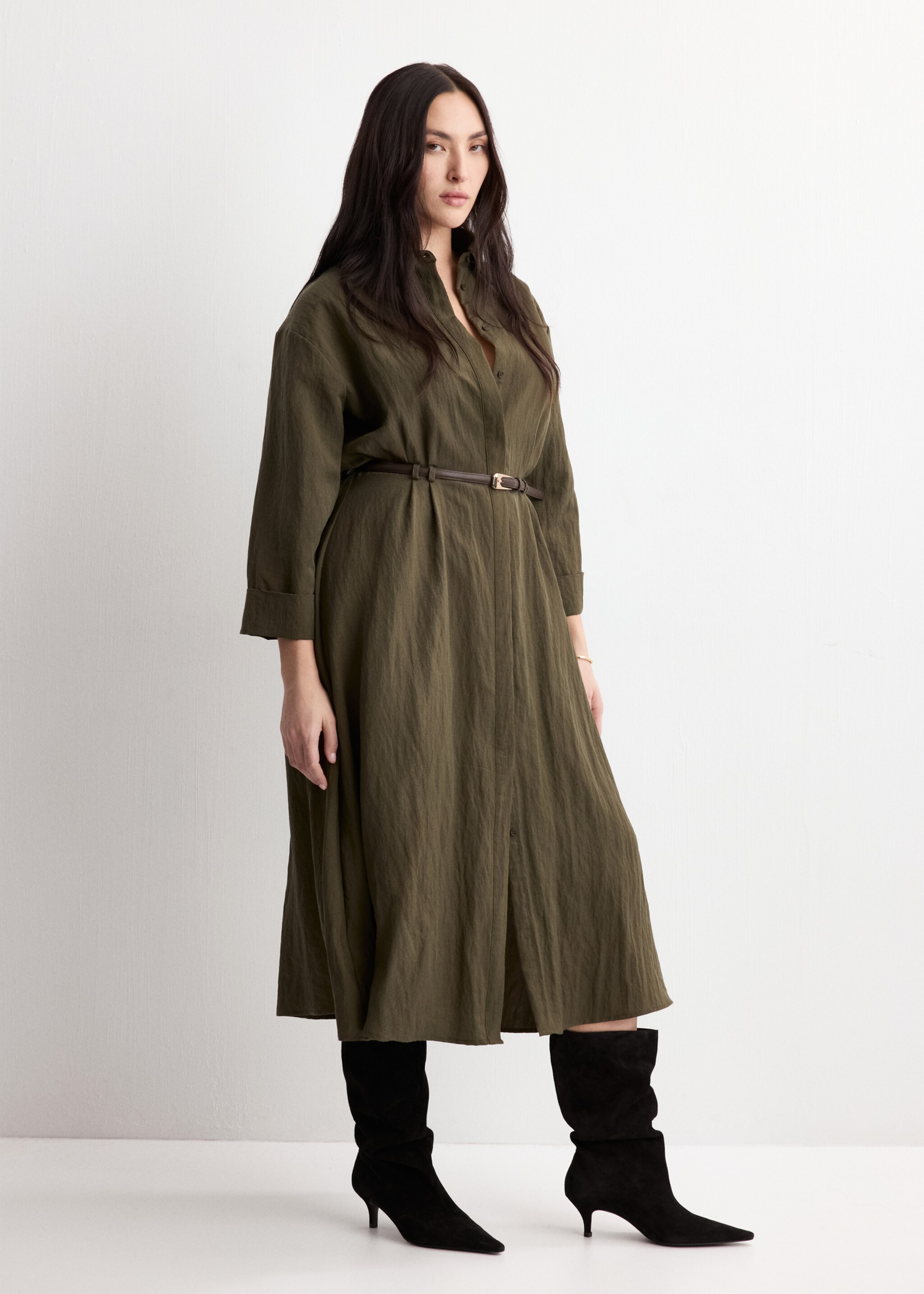 Lyocell shirt dress - Details of the article 3, Khaki. Ref: 27015829-00.