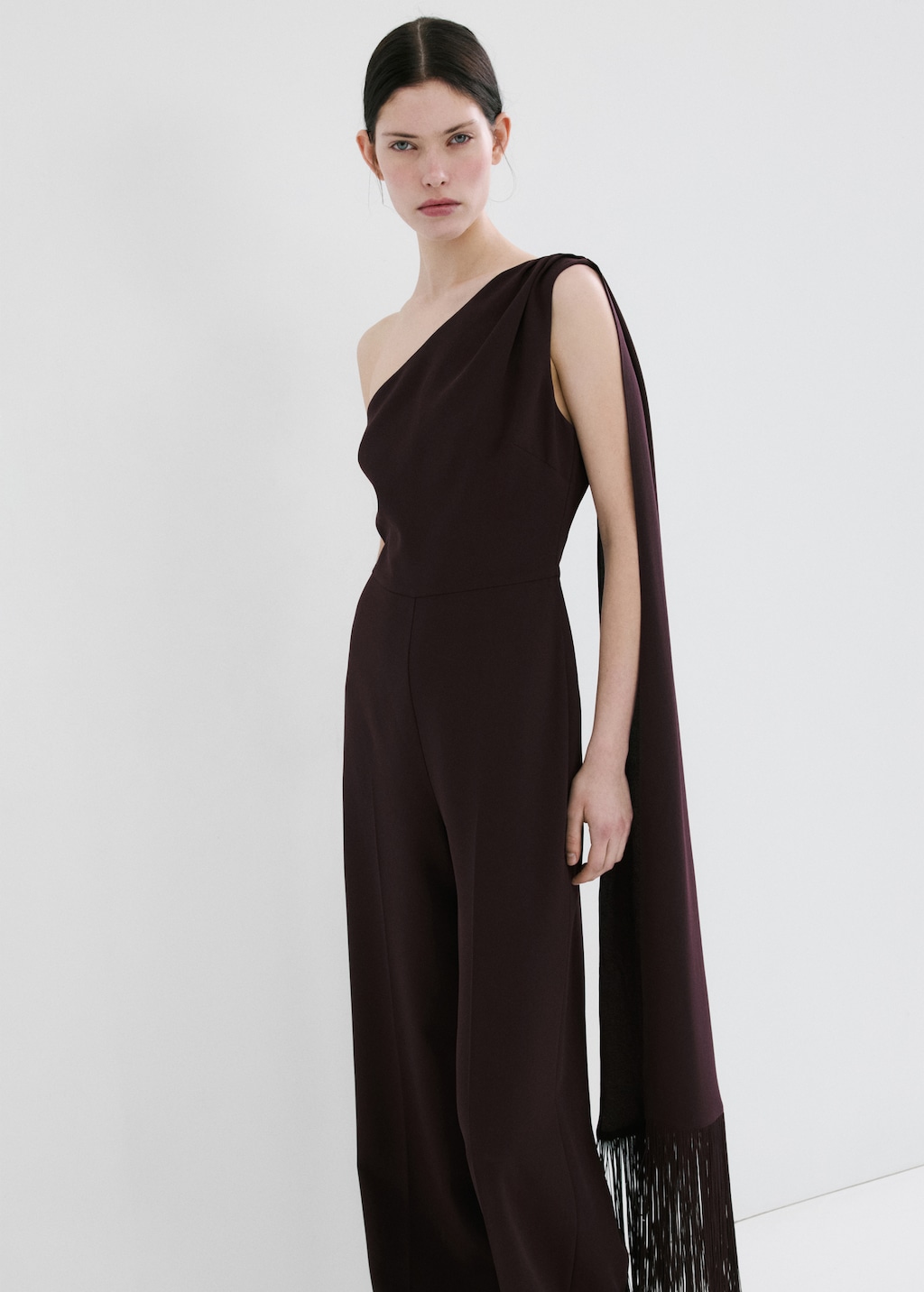 Asymmetrical jumpsuit with fringed scarf - image 3