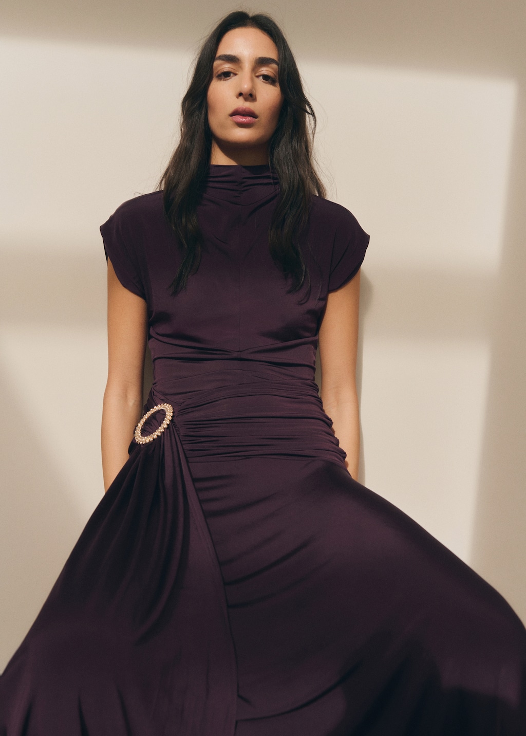 Mango Draped Waist Dress with Metallic Detail