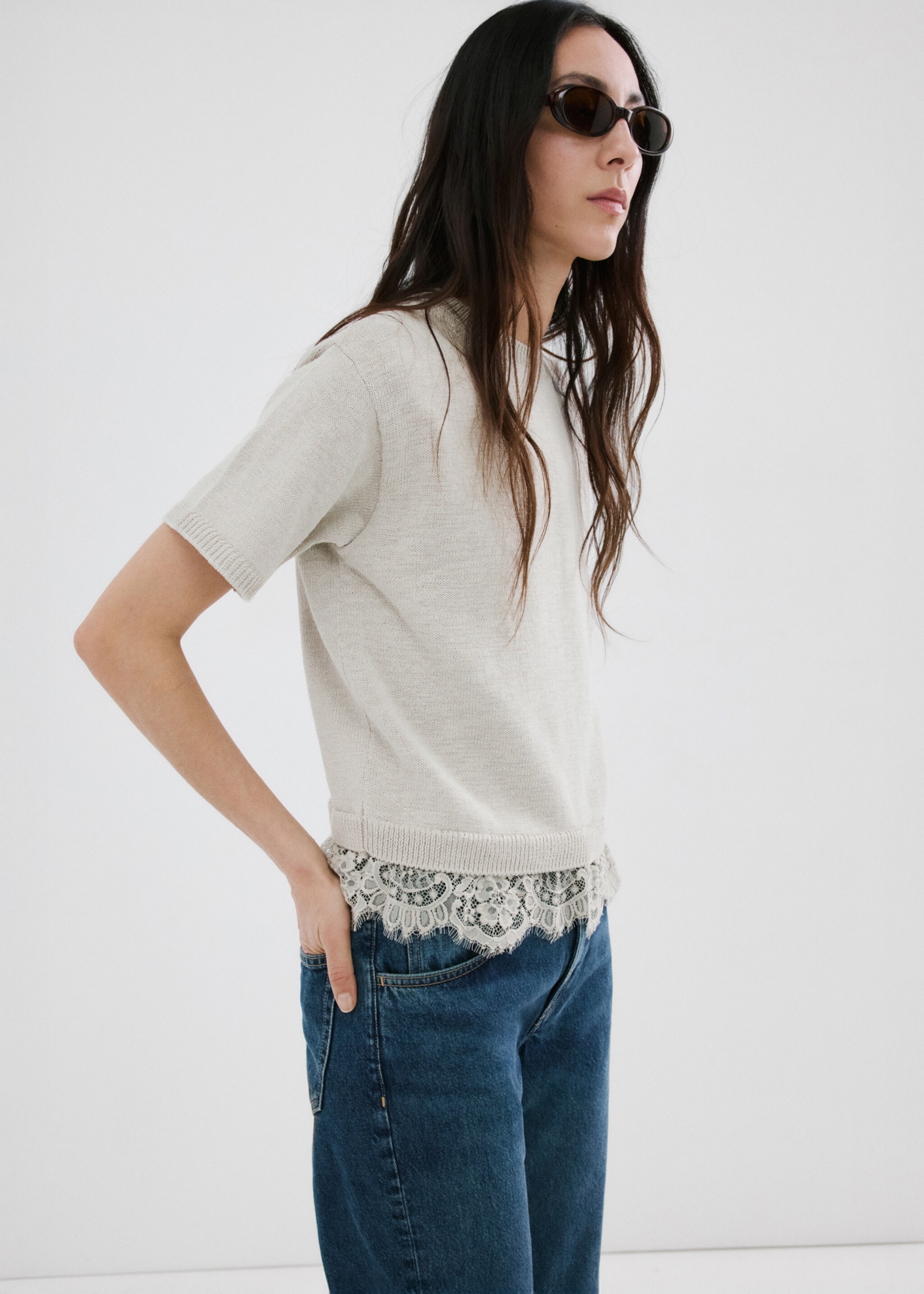 كنزة جيرسي محبوكة بالدانتيل - رؤية وسط, رمادي فاتح/خفيف. Ref: 27015843-00.