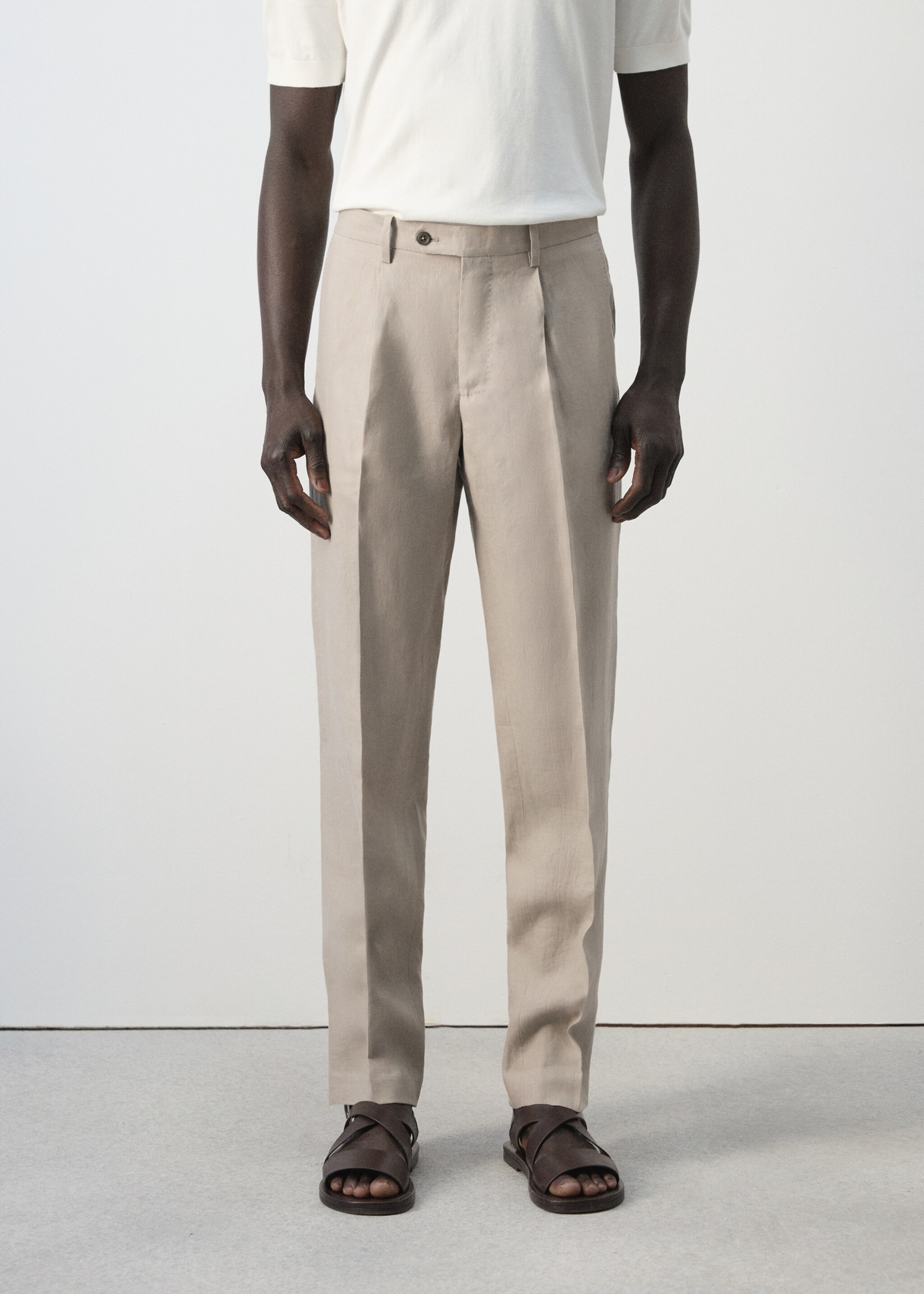 Pantalón traje Amalfi 100% lino slim fit - Plano medio, Beige. Ref: 27015949-00.