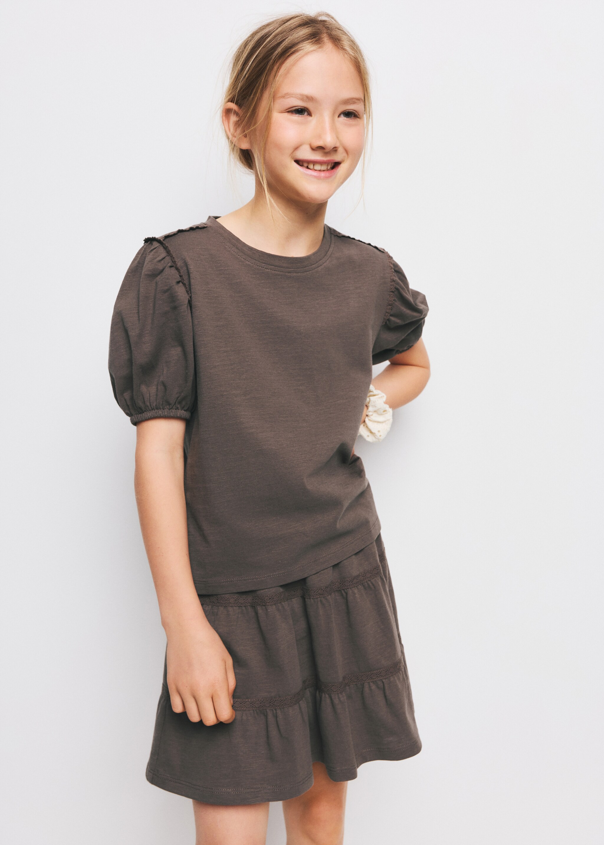 Puff-sleeve short-sleeve T-shirt - Medium plane, Brown. Ref: 27015963-00.