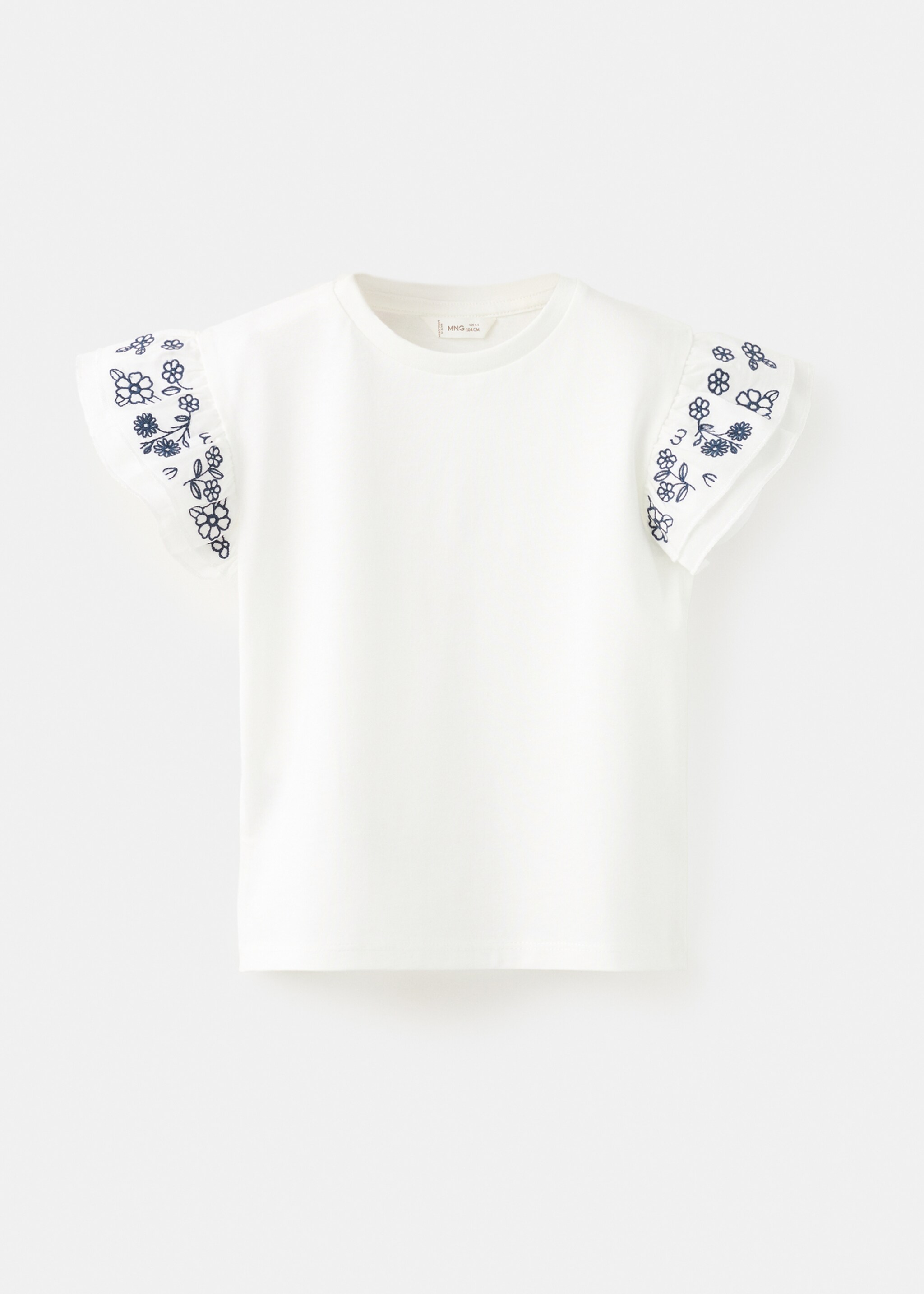 T-shirt com folhos e detalhes bordados - Artigo sem modelo, Branco-pérola. Ref: 27016341-00.