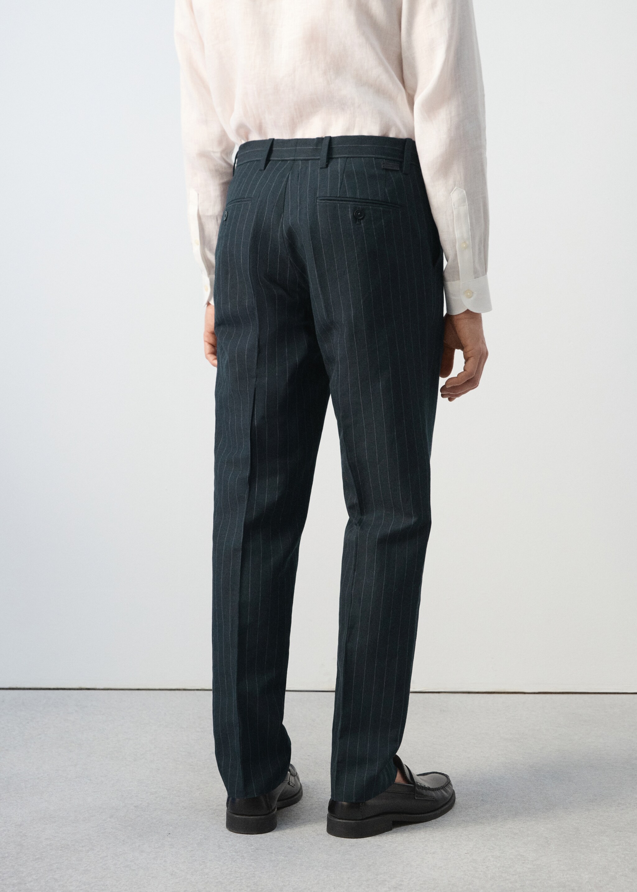 Regular fit linen blend pinstripe trousers - Reverse of the article, Navy. Ref: 27016712-00.