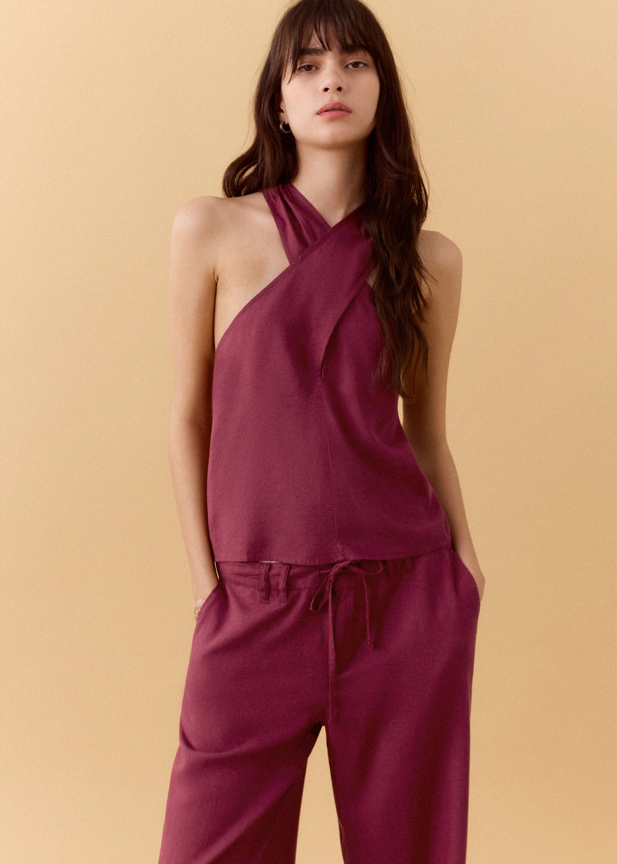 Straight linen-blend trousers - Details of the article 1, Maroon. Ref: 27016731-00.