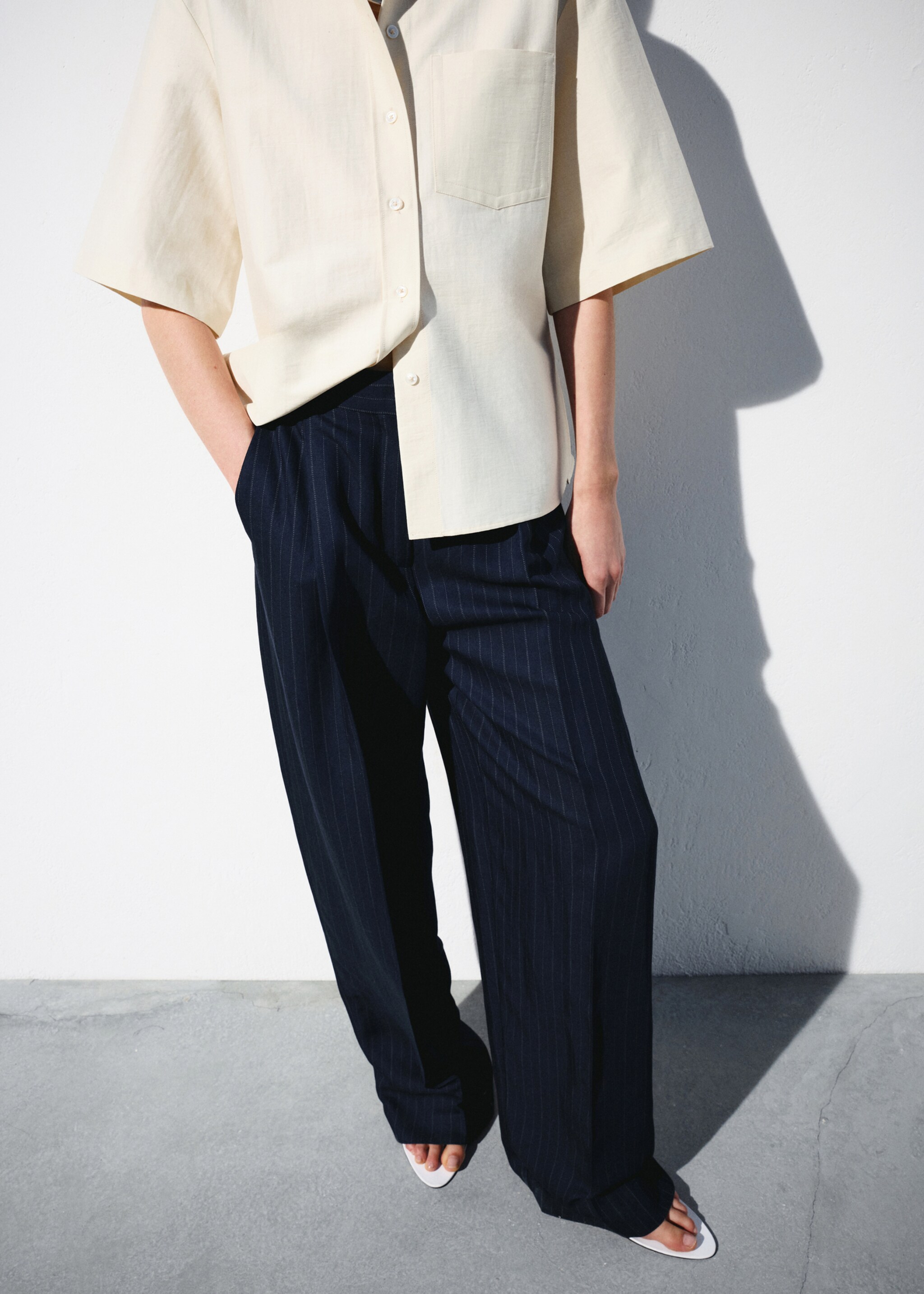 Pinstripe suit trousers - Medium plane, Navy. Ref: 27017802-00.