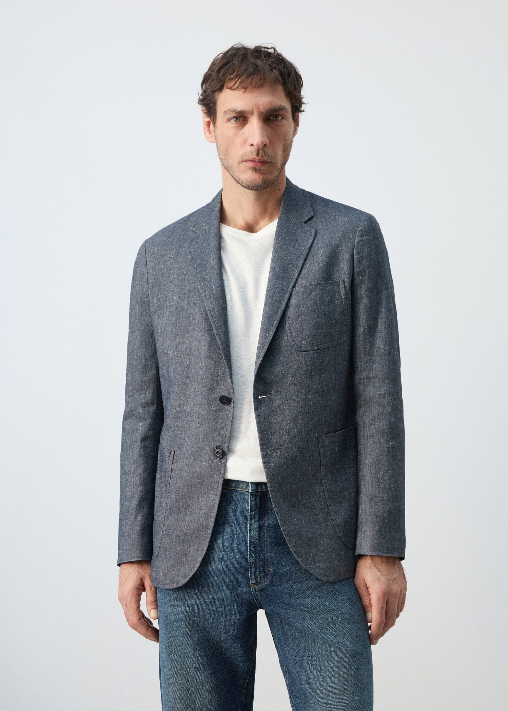 Slim fit linen cotton-blend blazer - Medium plane, Indigo Blue. Ref: 27017892-00.