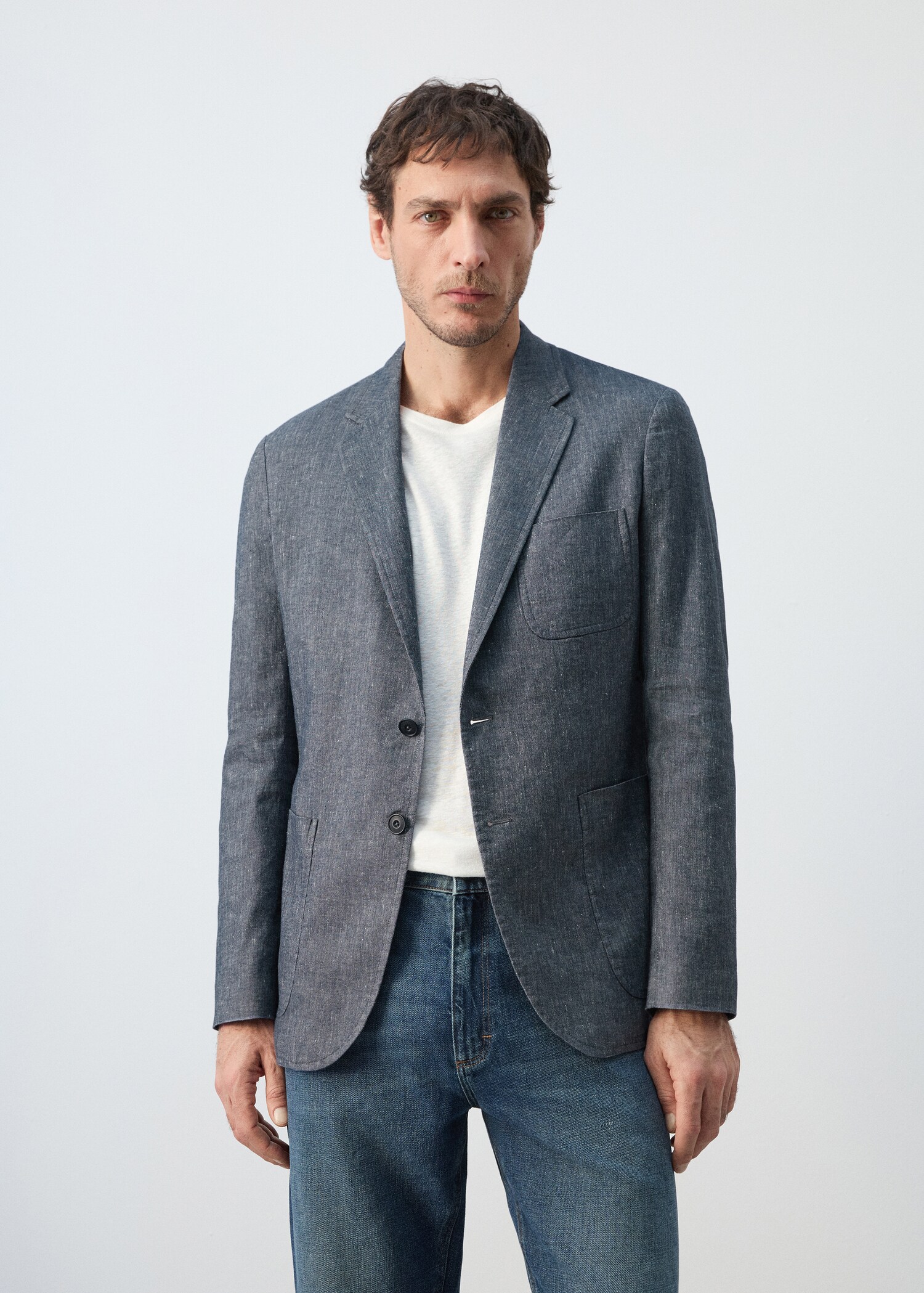 Slim fit linen cotton-blend blazer - Medium plane