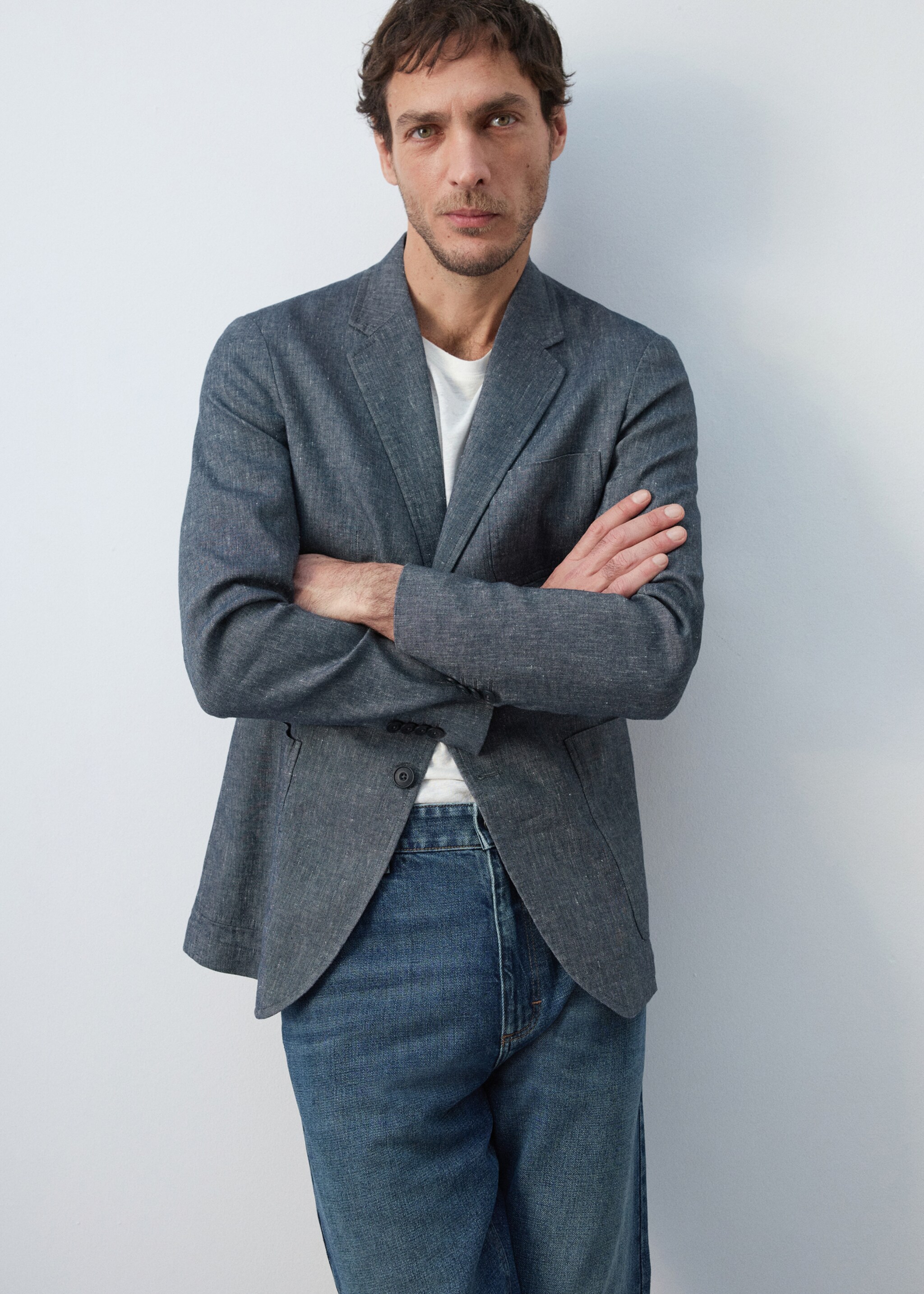 Slim fit linen cotton-blend blazer - Details of the article 6, Indigo Blue. Ref: 27017892-00.