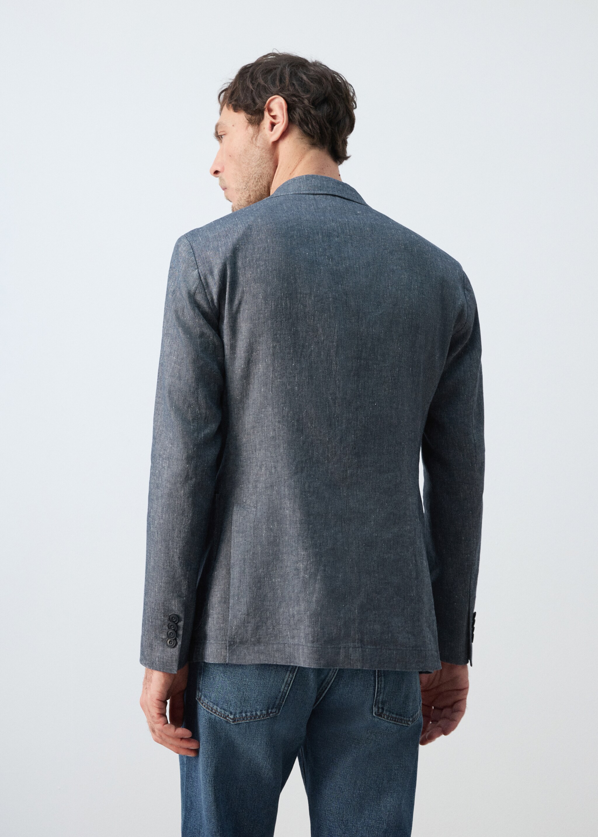 Slim fit linen cotton-blend blazer - Reverse of the article, Indigo Blue. Ref: 27017892-00.