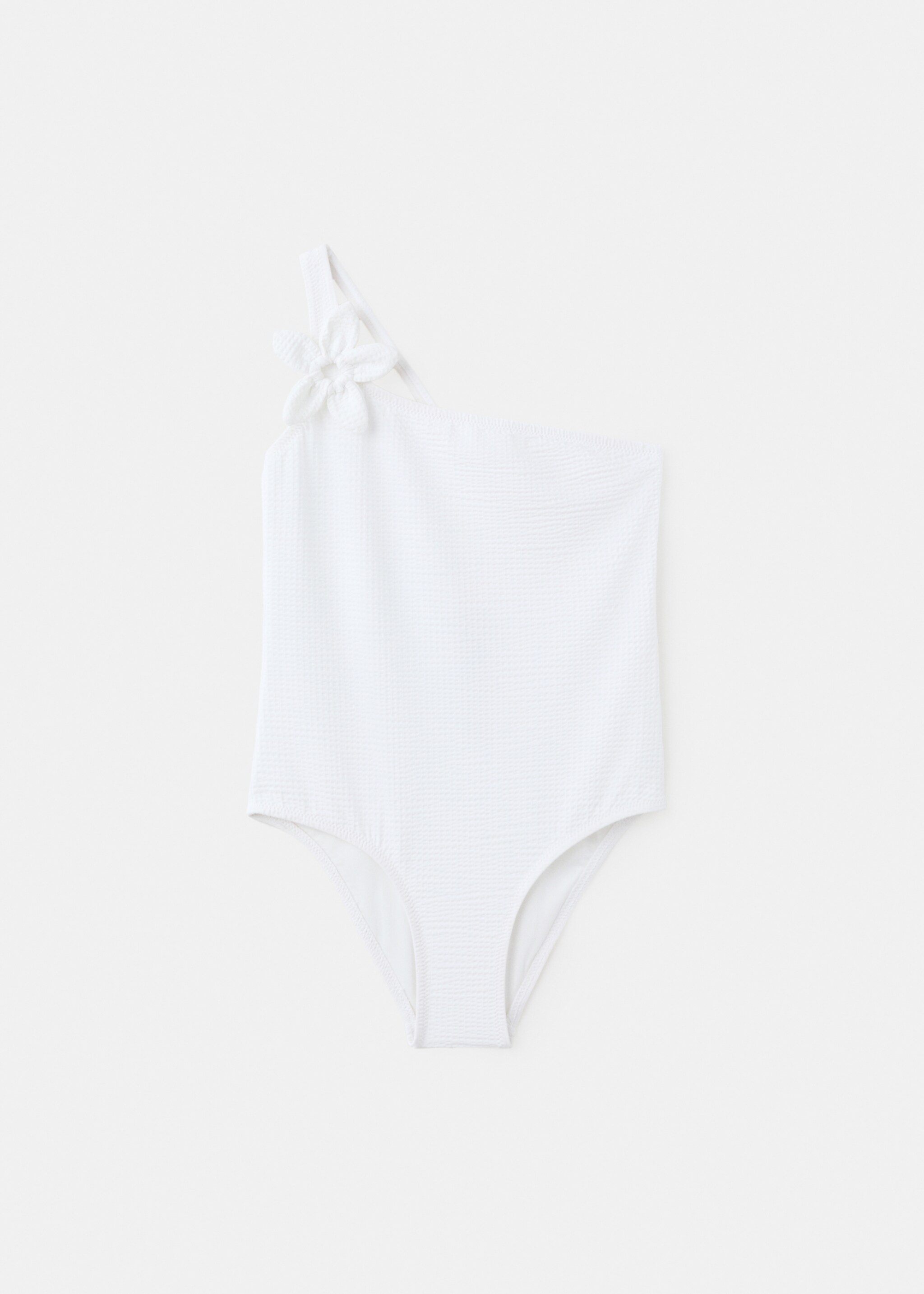 Asymmetric swimsuit with raised flower - Article without model, White. Ref: 27017898-00.