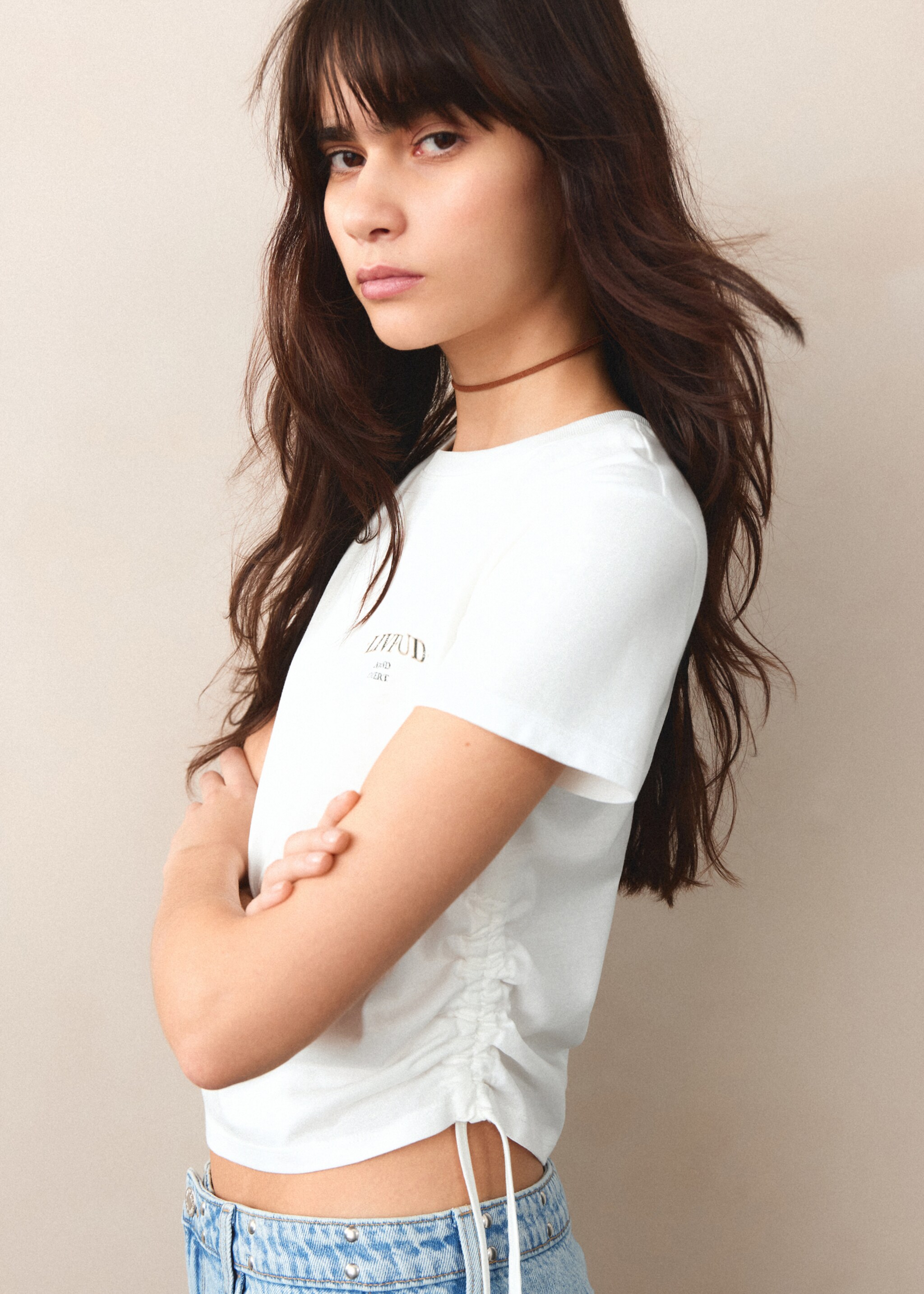 Printed cotton T-shirt with ties - Details of the article 2, Off White. Ref: 27017909-00.