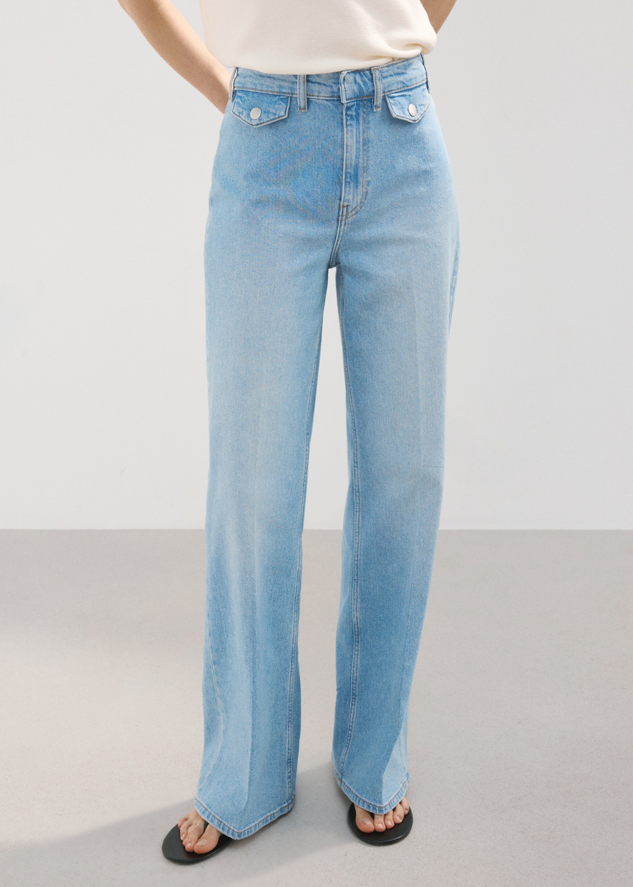 Wide leg mid-rise trousers with pockets - Medium plane, Medium Blue. Ref: 27017943-00.