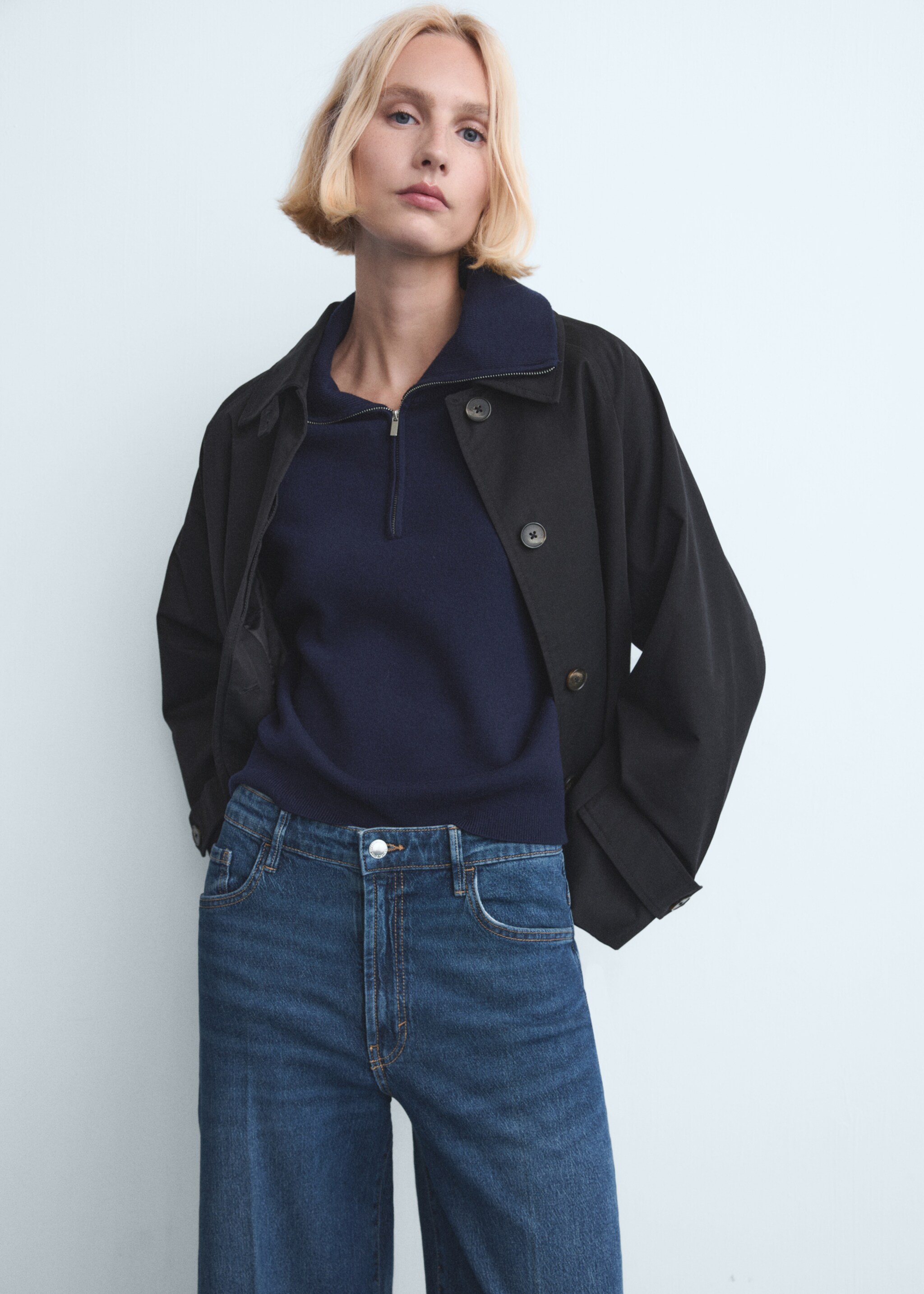 High-waisted wide-leg jeans - Details of the article 1, Dark Blue. Ref: 27021195-00.