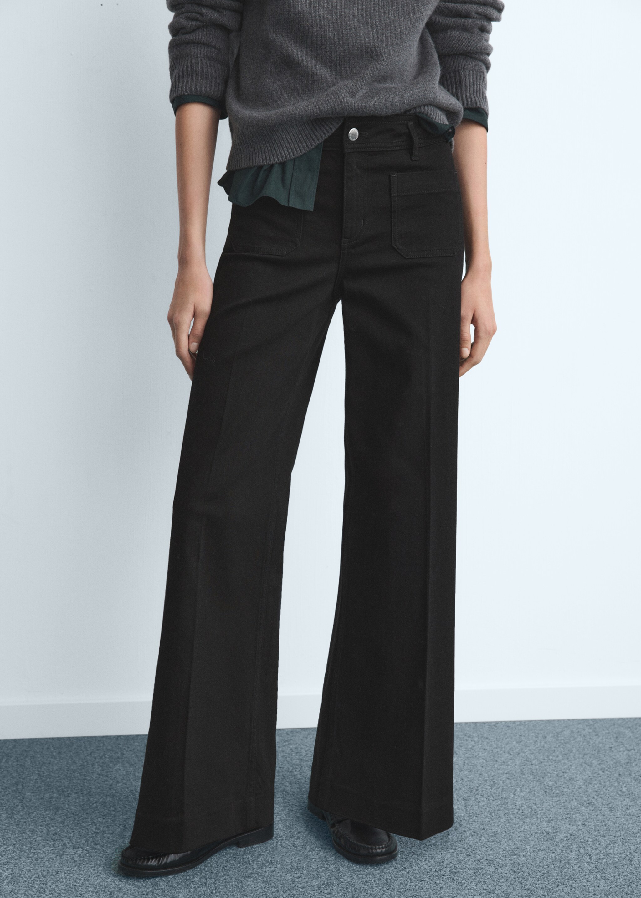 Wide-leg jeans with pockets - Medium plane, Black denim. Ref: 27021202-00.