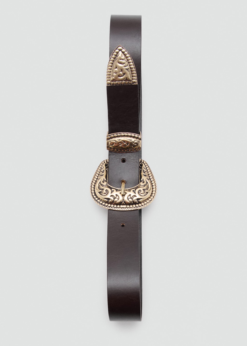Engraved buckle leather belt
