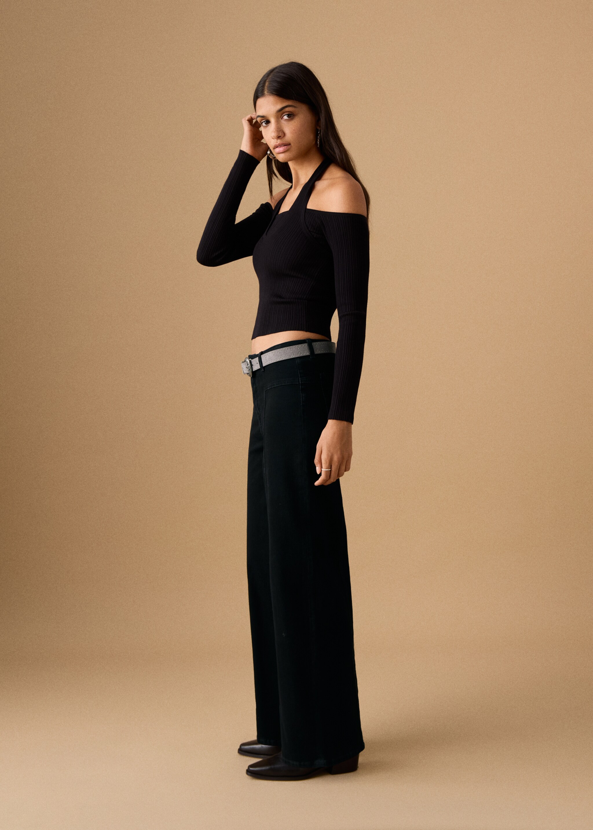 Wide leg jeans with seam detail - Details of the article 2, Black denim. Ref: 27021222-00.
