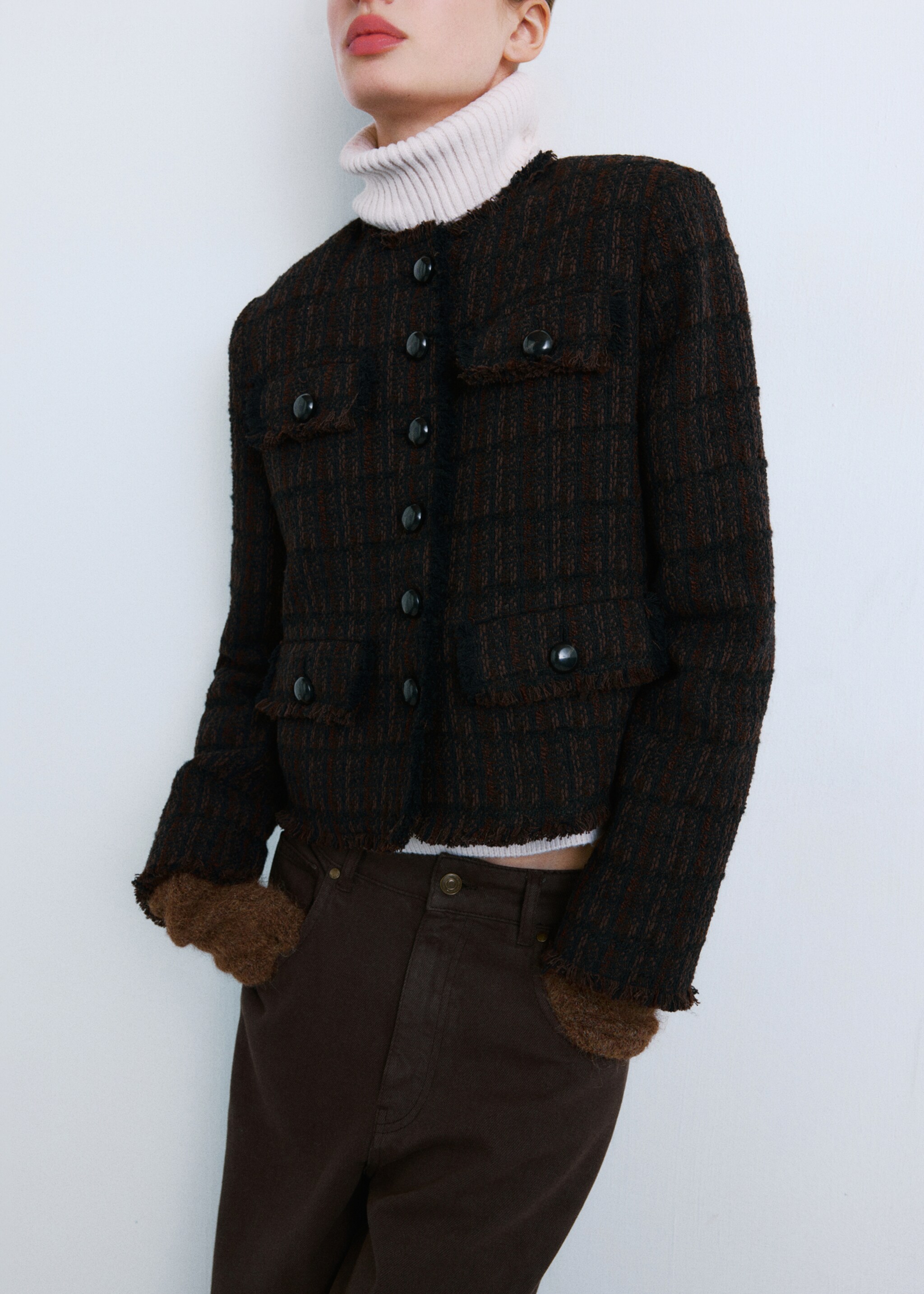 Pocket tweed jacket - Details of the article 1, Chocolate. Ref: 27021325-00.