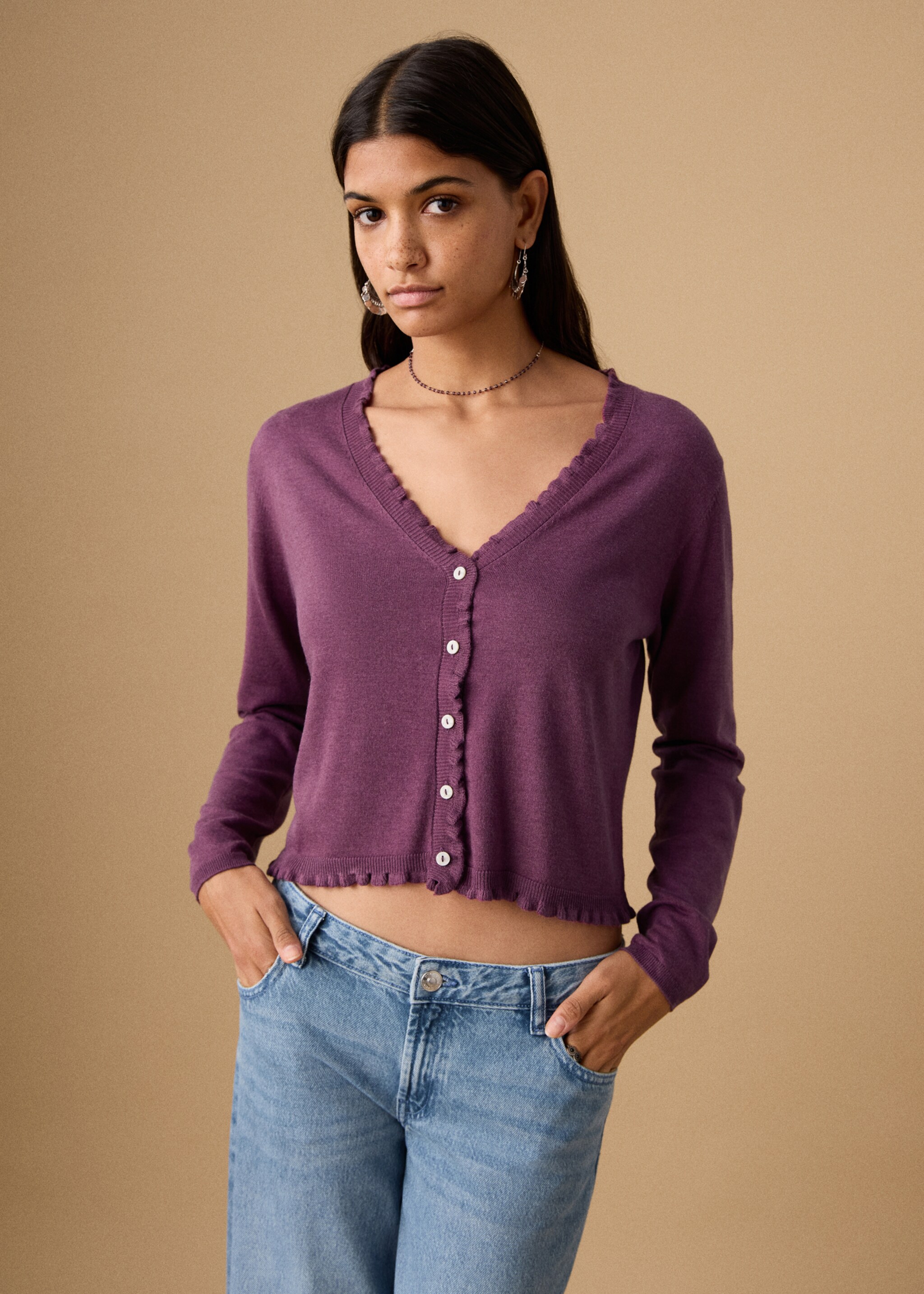 Cardigan maille volants - Plan moyen, Violet. Ref: 27021515-00.