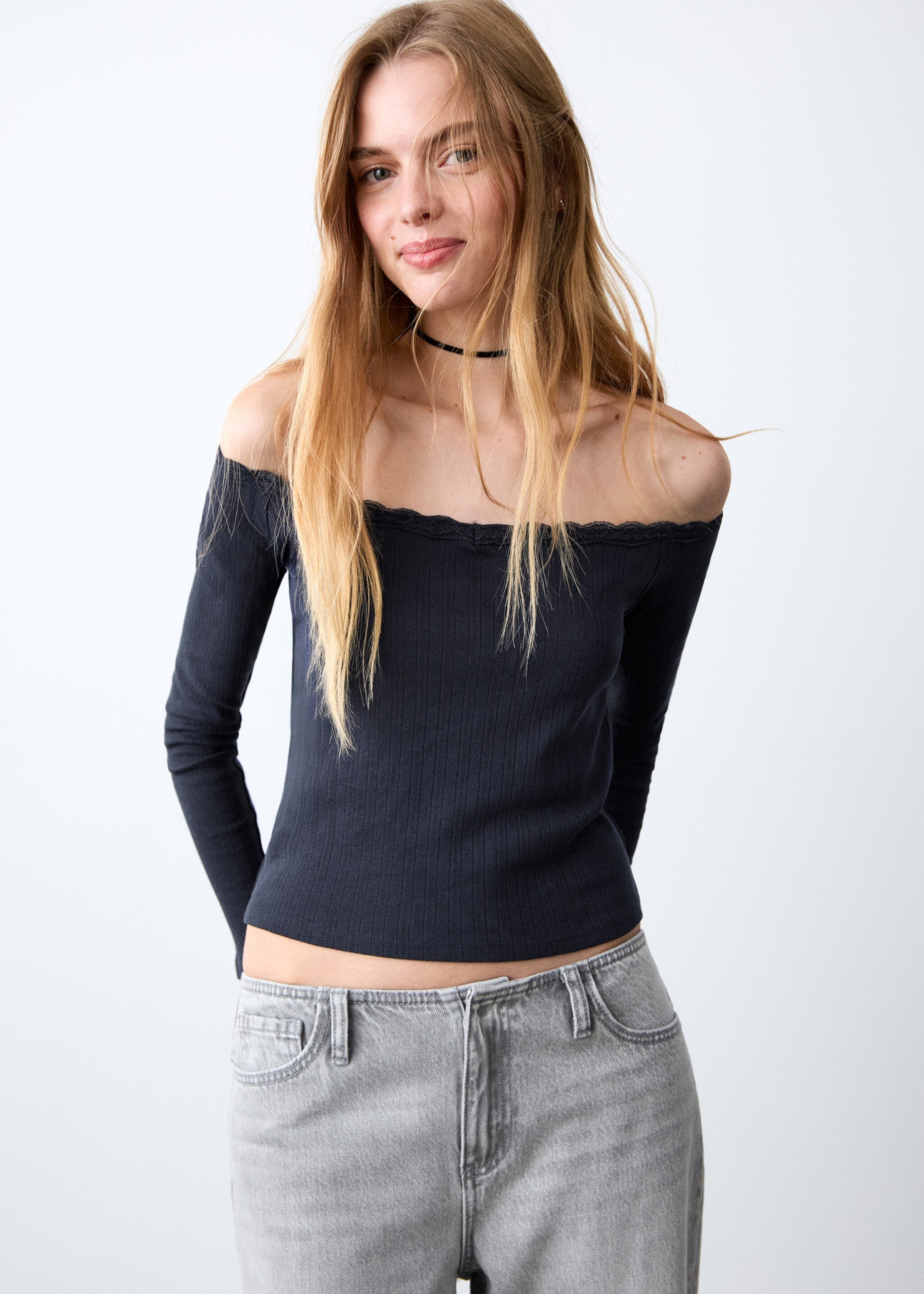 Lace boat-neck t-shirt - Medium plane, Navy. Ref: 27021517-00.