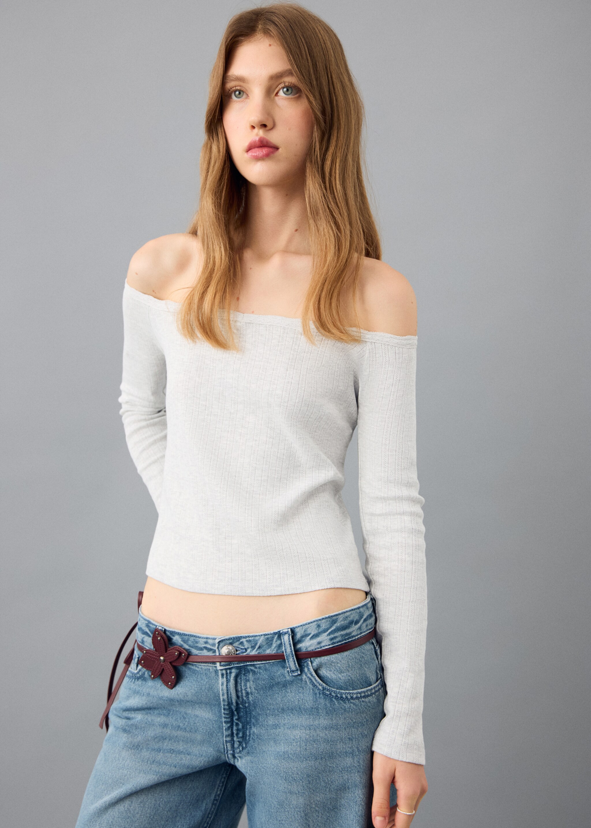 T-shirt col bateau - Plan moyen, Gris chiné moyen. Ref: 27021518-00.