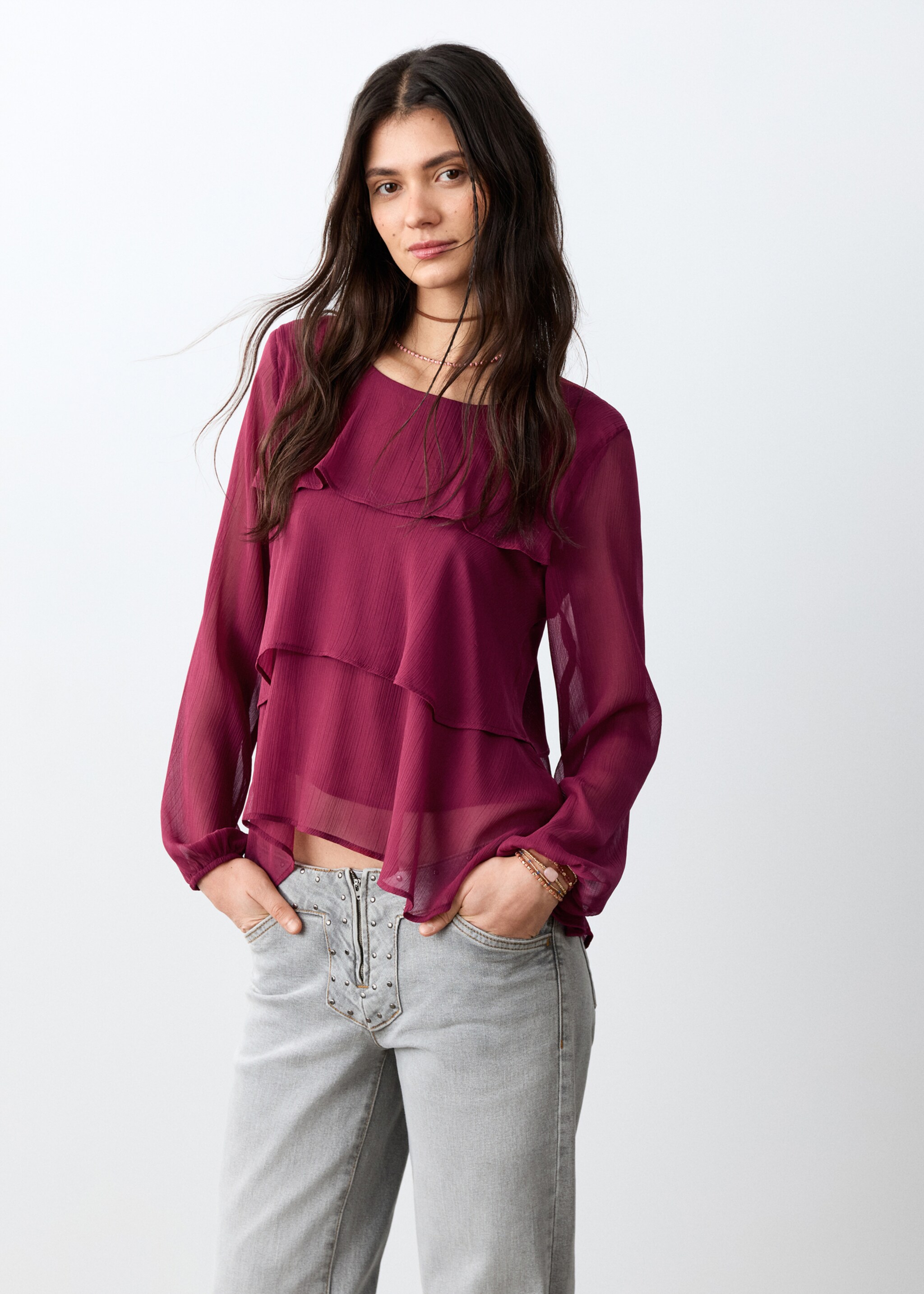 Μπλούζα ριχτή με βολάν - Μεσαίο πλάνο, Mωβ. Ref: 27021541-00.