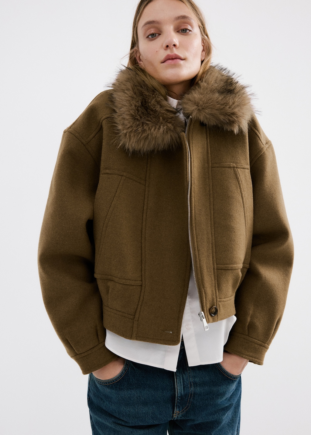 Wool blend jacket with fur collar - Brown
