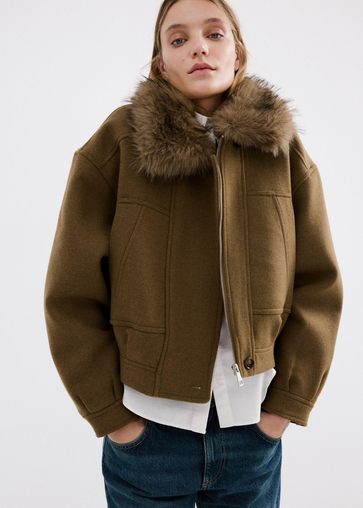 Wool blend jacket with fur collar - Medium plane