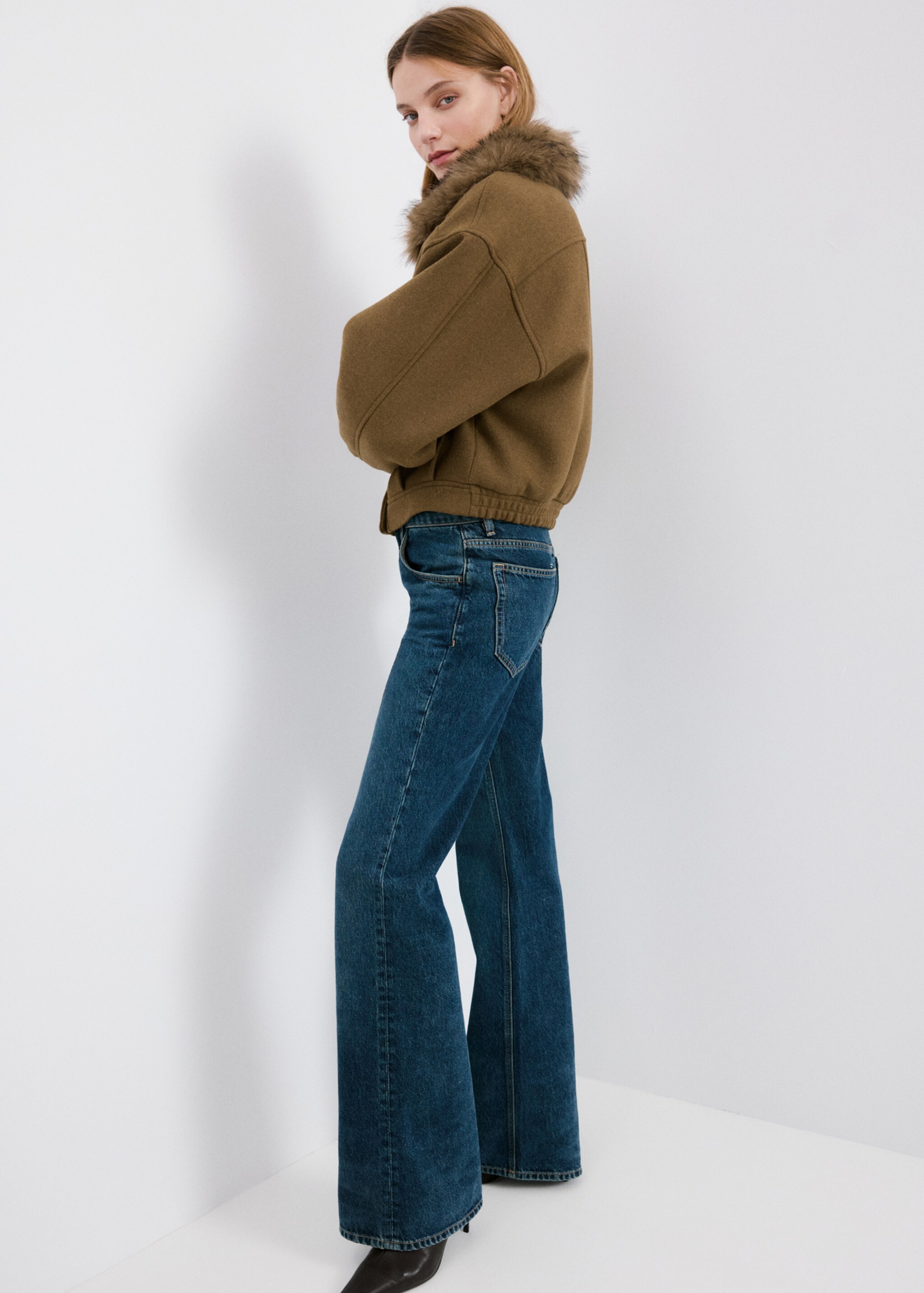 Wool blend jacket with fur collar - Details of the article 2, Brown. Ref: 27022538-00.