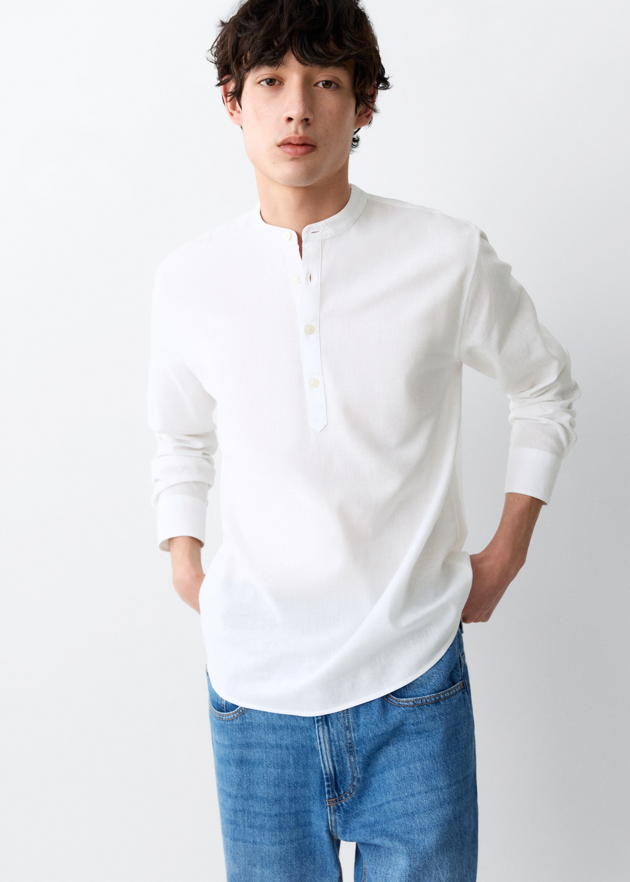 Linen mandarin collar shirt - Medium plane, White. Ref: 27024055-00.