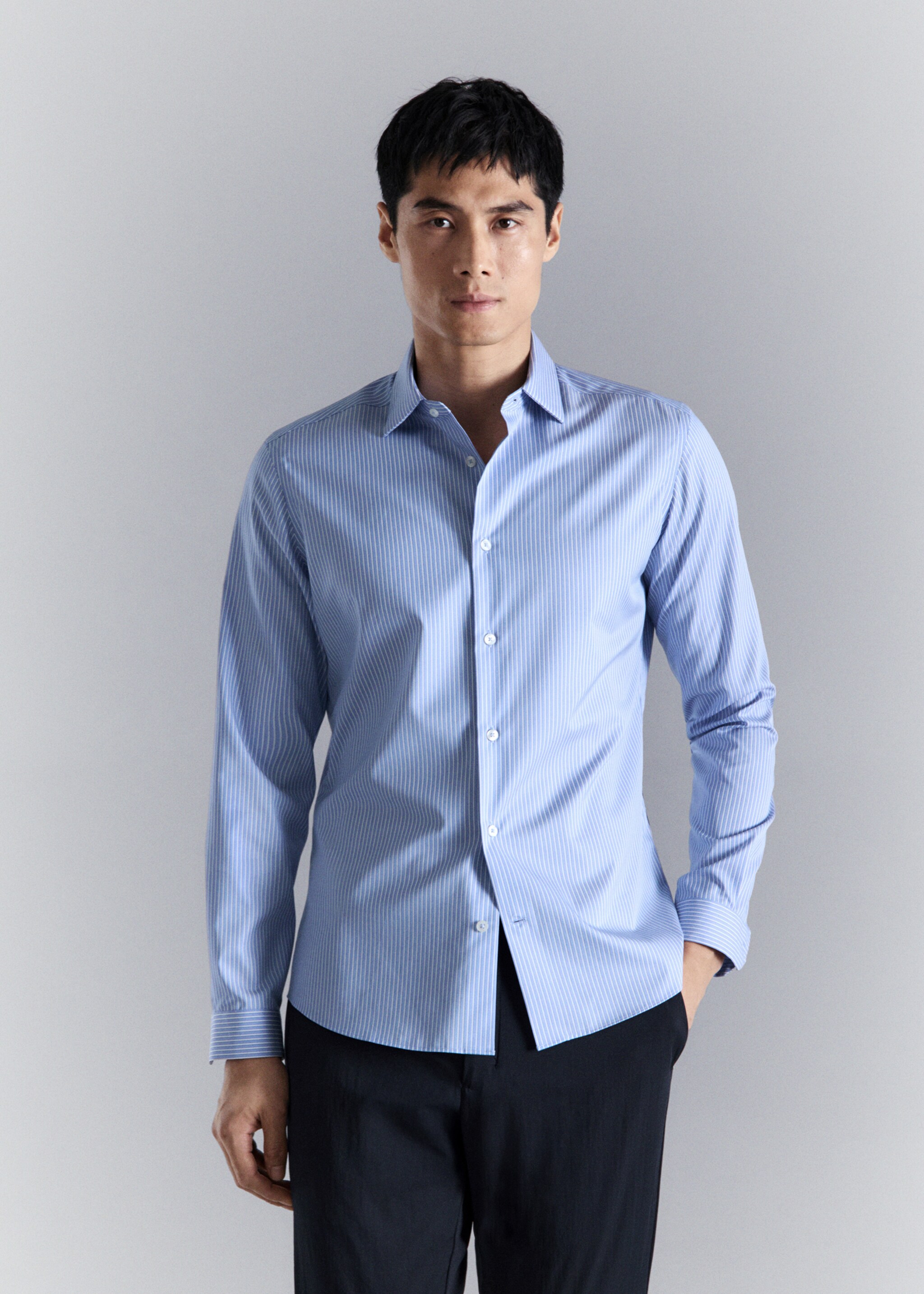 Slim fit non-iron striped shirt - Medium plane, Sky Blue. Ref: 27024423-00.