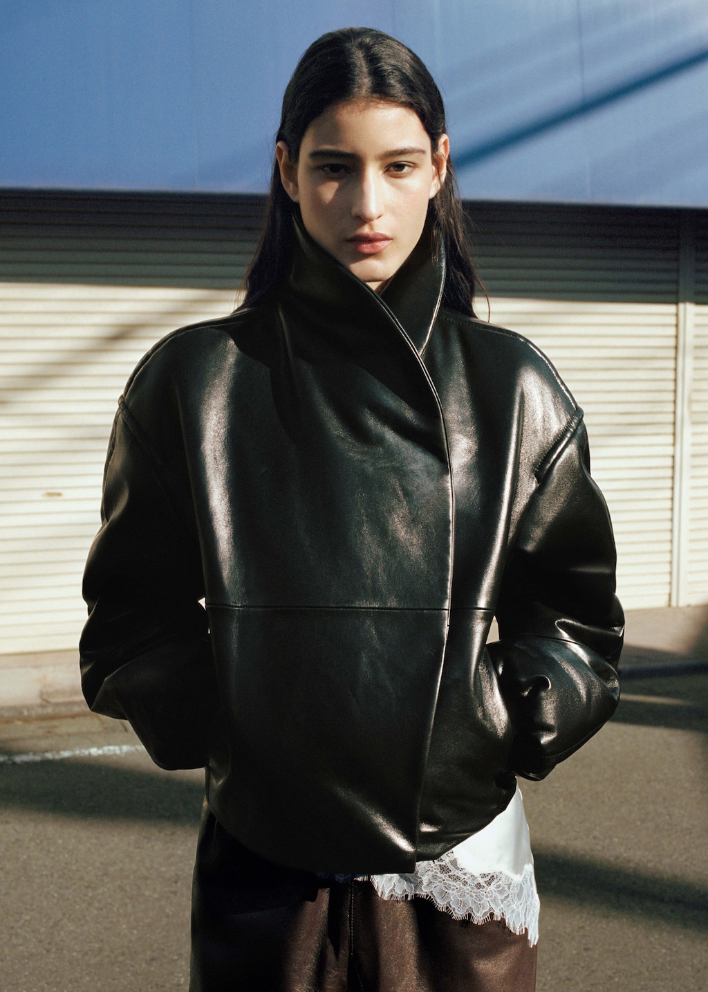 Leather bomber jacket with wraparound collar - image 3