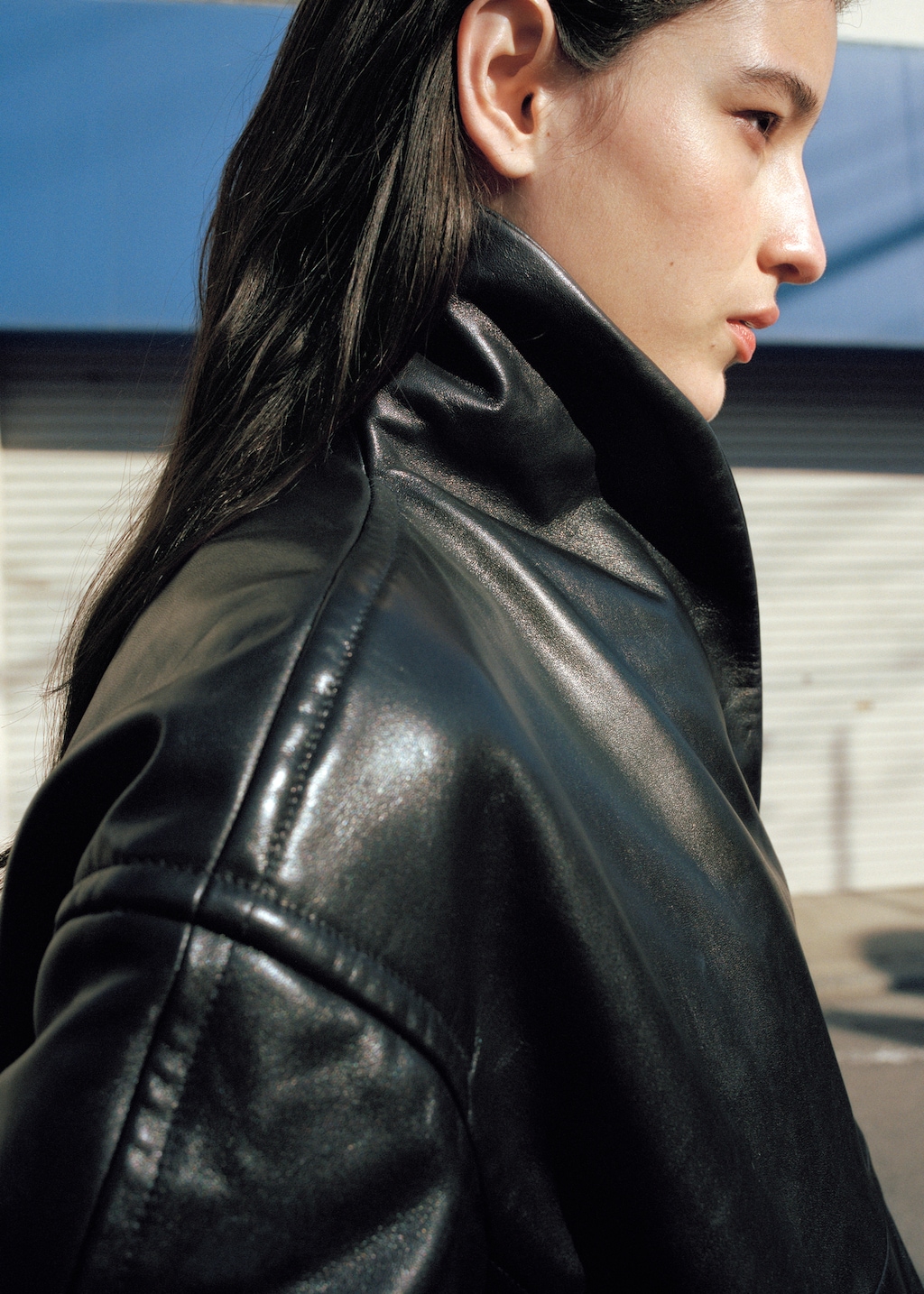 Mango Bomber leather jacket with wrap collar thumbnail